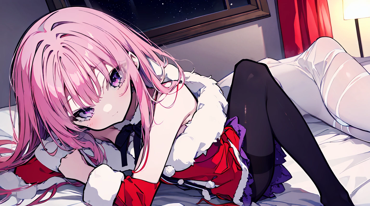 one-girl，soio，170cm height，55cm bust，A pink-haired，Purple eye，the night， Extremely detailed, Wearing miniskirt Santa Claus costume, Santa Claus costume with warm fur,In the bedroom，((lacepantyhose))，black glove，With bare arms，mitsukasa ayase