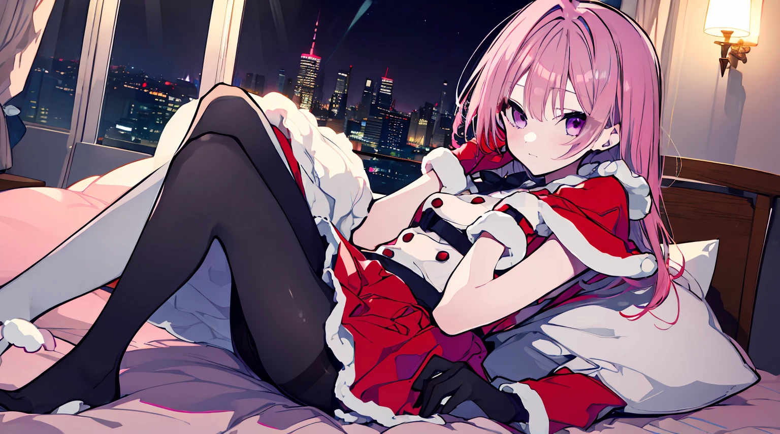 one-girl,soio,170cm height,55cm bust,A pink-haired,Purple eye,the night, Extremely detailed, Wearing miniskirt Santa Claus costume, Santa Claus costume with warm fur,In the bedroom,((lacepantyhose)),black glove,With bare arms,mitsukasa ayase