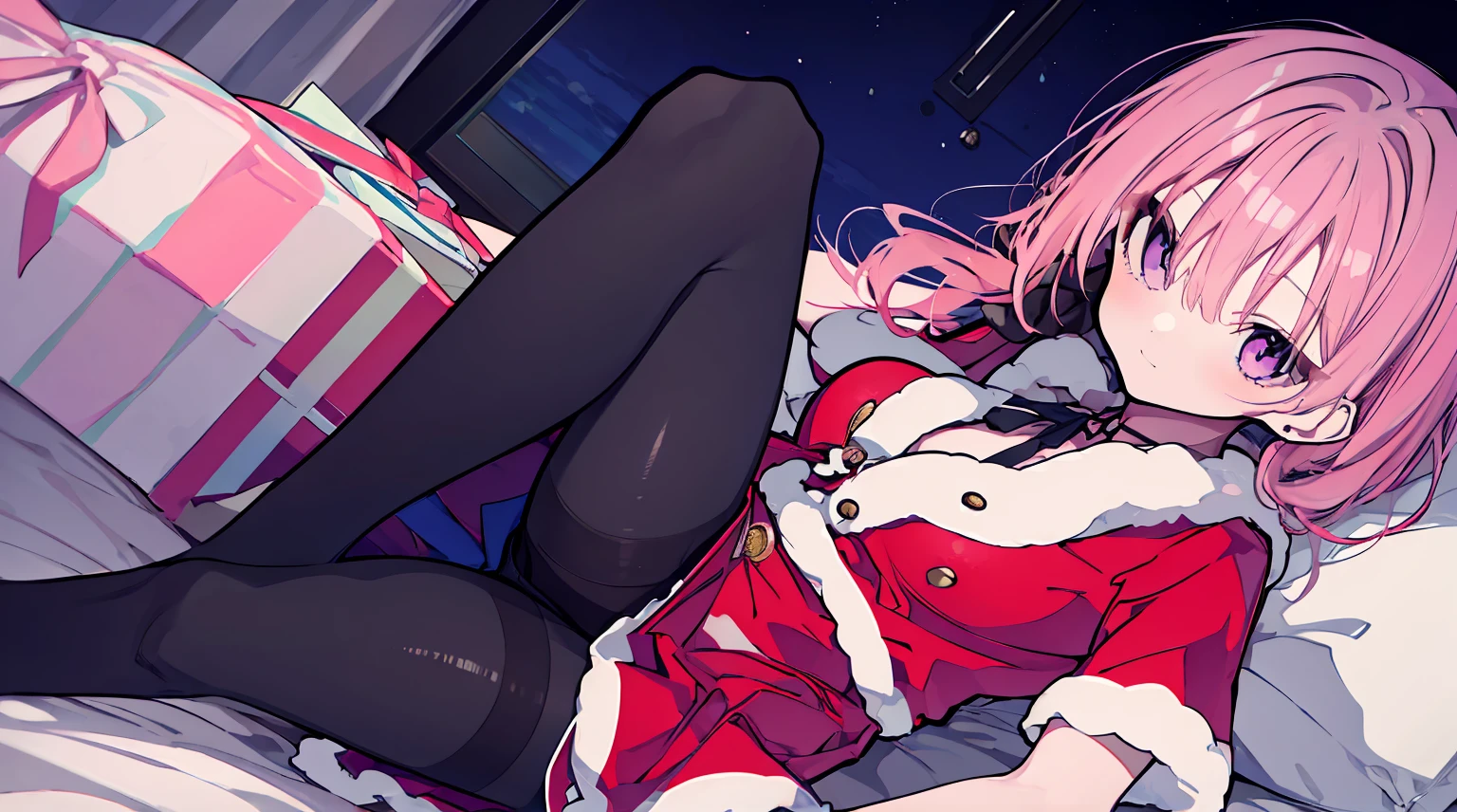 one-girl，soio，170cm height，55cm bust，A pink-haired，Purple eye，the night， Extremely detailed, Wearing miniskirt Santa Claus costume, Santa Claus costume with warm fur,In the bedroom，((lacepantyhose))，black glove，With bare arms，mitsukasa ayase