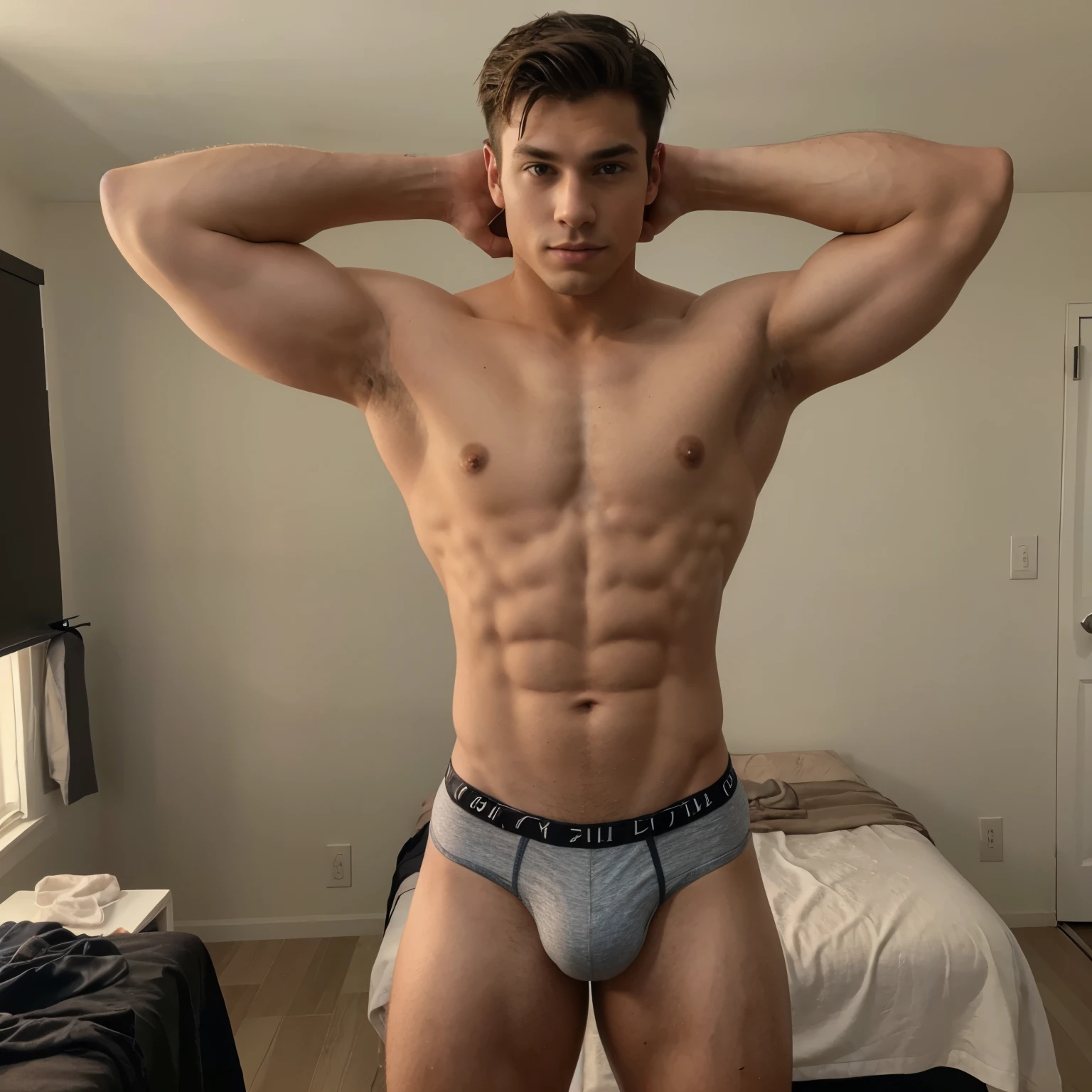 A photo of a attractive young man. He is toned and looks very athletic. He is standing in his room. He is shirtless and showing off his body. He is wearing tight underwear.