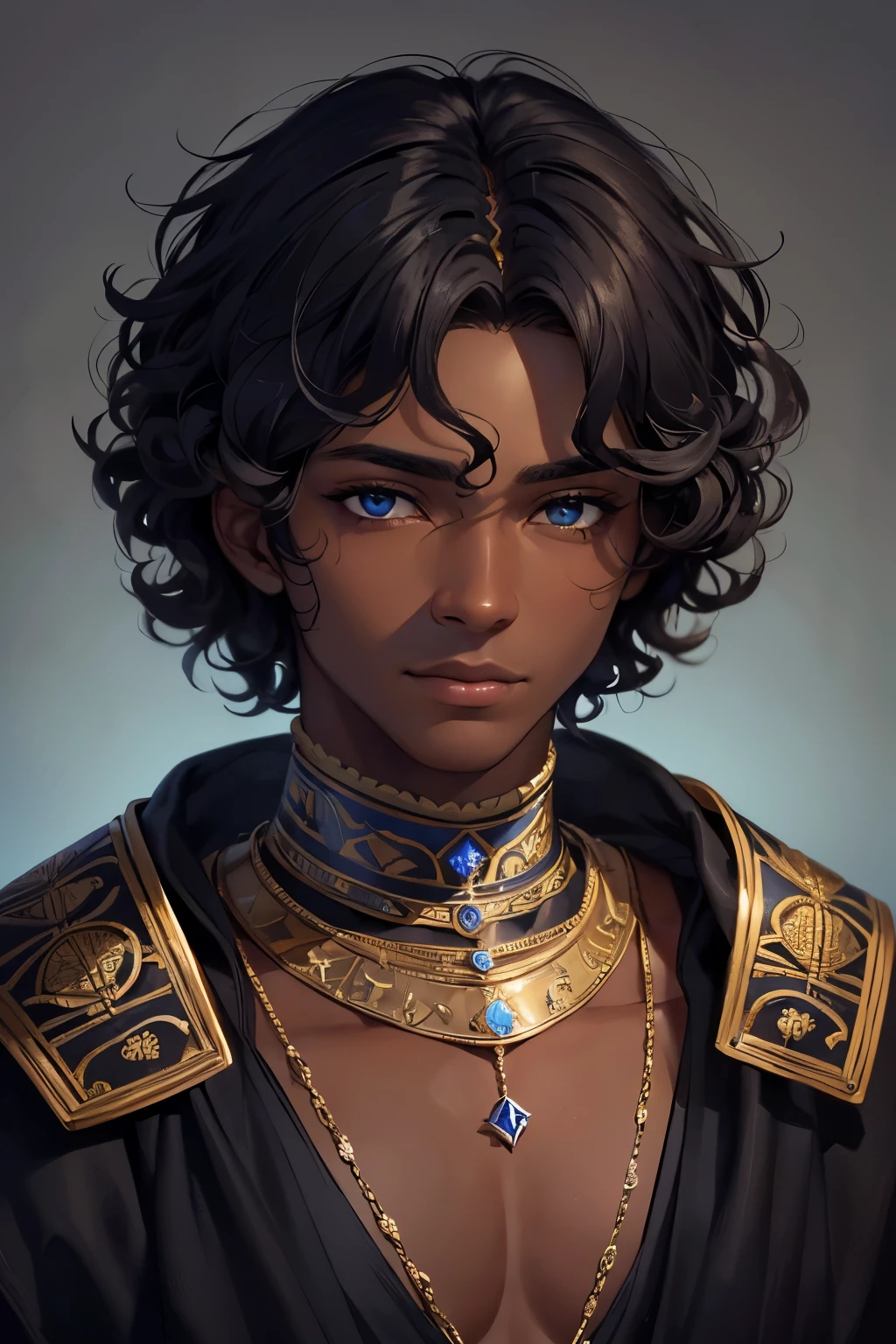(best quality, masterpiece:1.2), 1man, 30 year old, detailed hair, detailed eyes, detailed lips, curly hair, ((short hair)), ((dark skin, darkskin)), dark hair, blue eyes, (medieval prince), portrait, slight smile