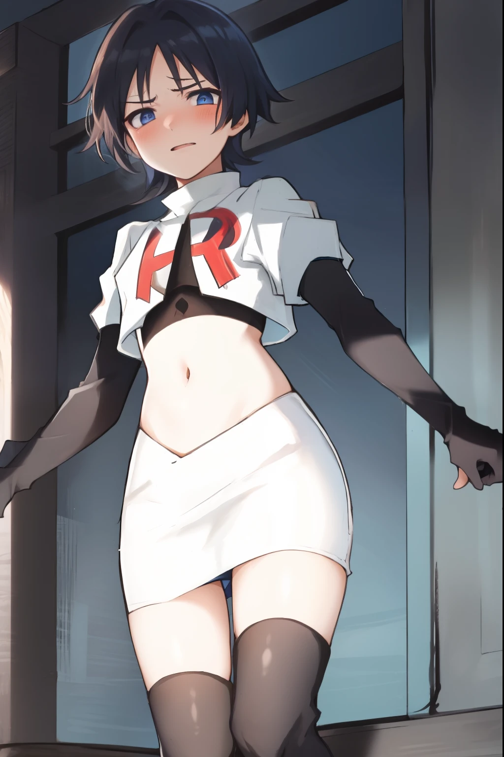 absurdres,masterpiece, trap, best quality, highres, high quality, 1boy, solo, male focus, hair, crossdressing,1boy,team rocket,team rocket uniform,white skirt,red letter R,crop top,black thigh-high boots,black elbow gloves, embarrassed, blush