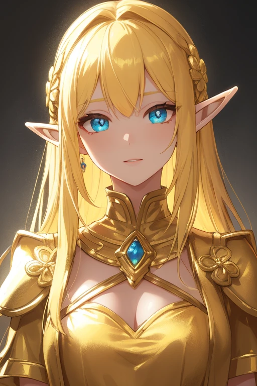 gold elf,golden hair,golden clothes,elf race,detailed eyes,detailed face,royal costume,(best quality,masterpiece:1.2), vivid colors, luminous lighting, bright golden tone.