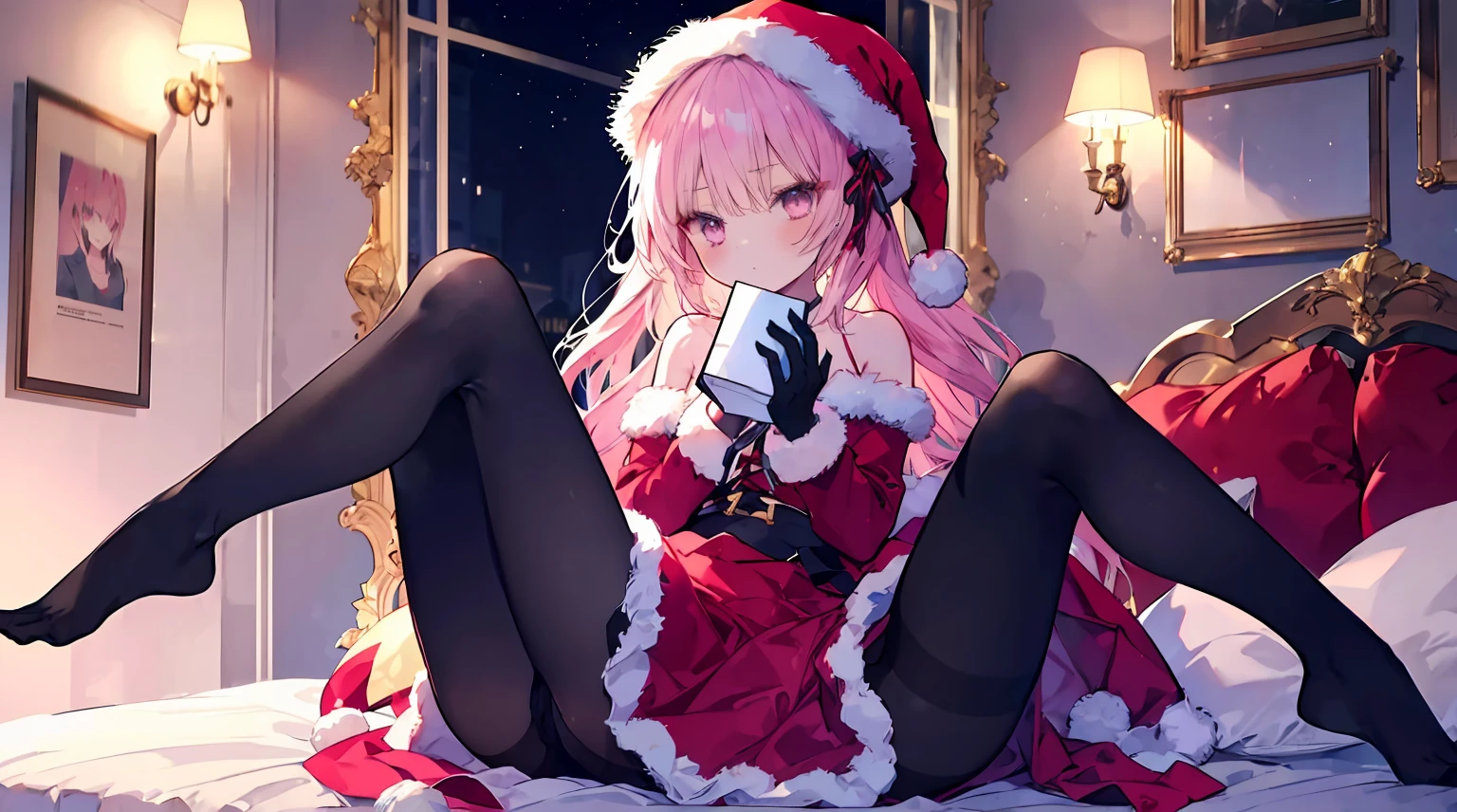 one-girl,soio,170cm height,55cm bust,A pink-haired,Purple eye,the night, Extremely detailed, Wearing miniskirt Santa Claus costume, Santa Claus costume with warm fur,In the bedroom,((lacepantyhose)),black glove,With bare arms,mitsukasa ayase