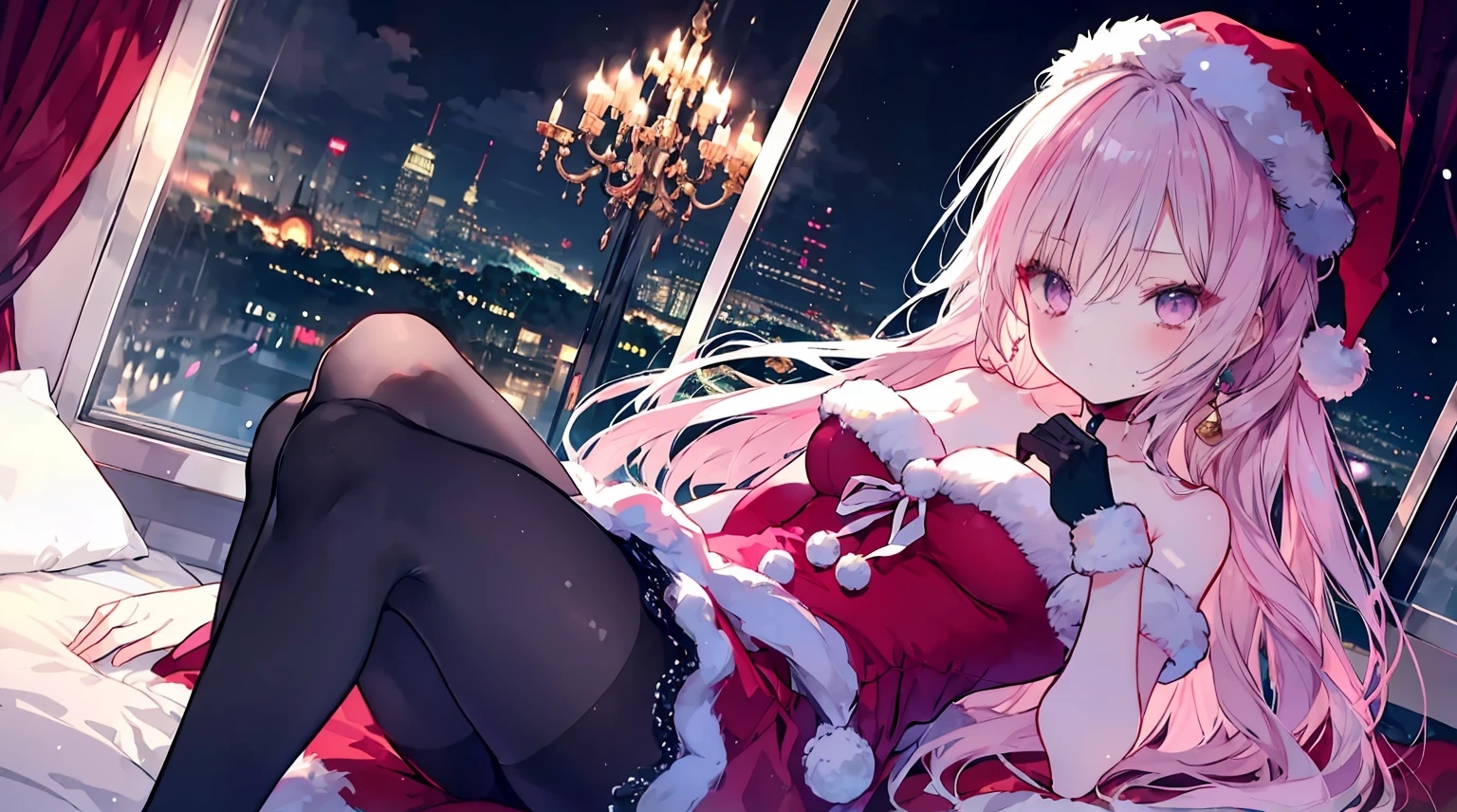 one-girl,soio,170cm height,55cm bust,A pink-haired,Purple eye,the night, Extremely detailed, Wearing miniskirt Santa Claus costume, Santa Claus costume with warm fur,In the bedroom,((lacepantyhose)),black glove,With bare arms,mitsukasa ayase