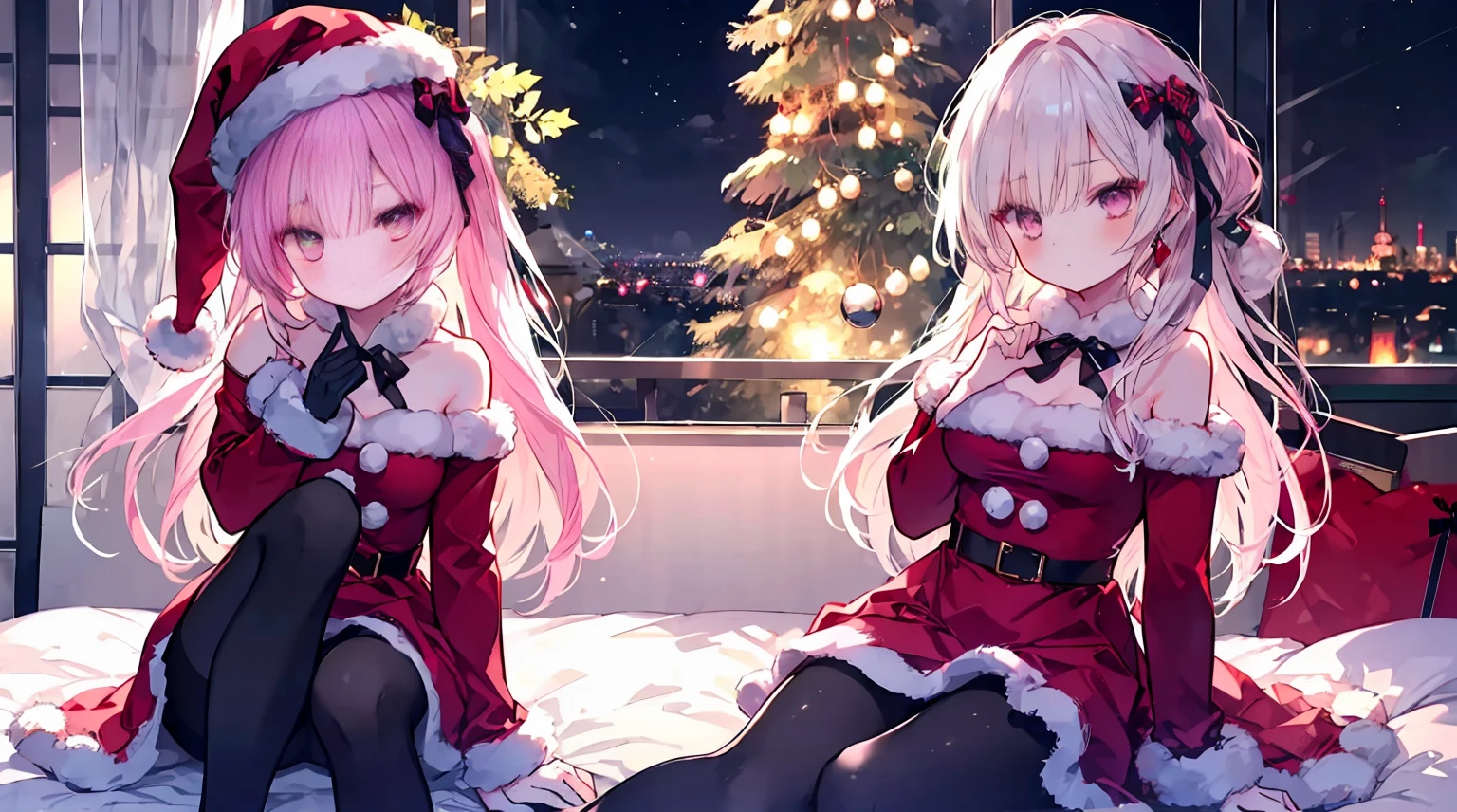 one-girl，soio，170cm height，55cm bust，A pink-haired，Purple eye，the night， Extremely detailed, Wearing miniskirt Santa Claus costume, Santa Claus costume with warm fur,In the bedroom，((lacepantyhose))，black glove，With bare arms，mitsukasa ayase