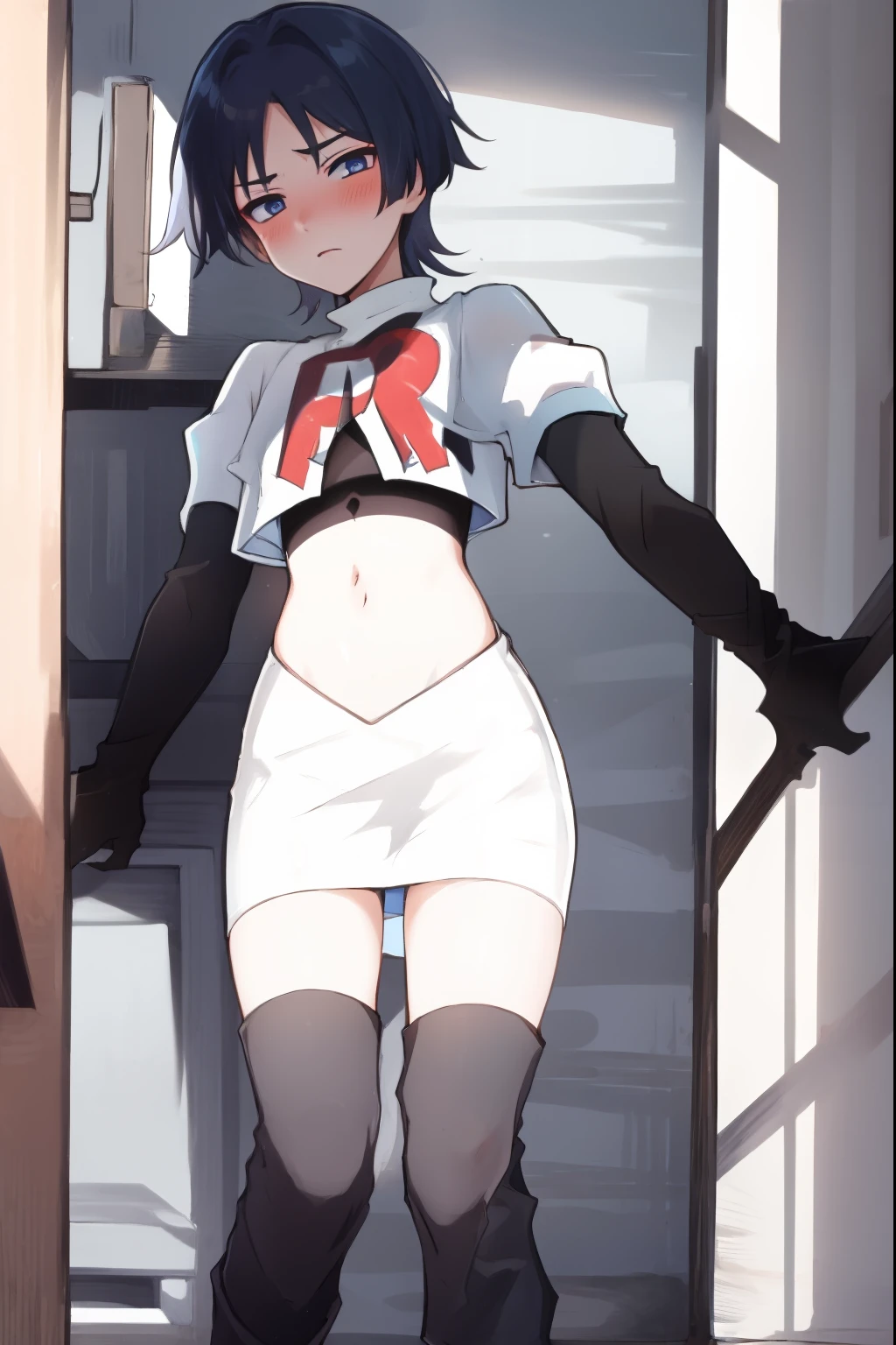 absurdres,masterpiece, trap, best quality, highres, high quality, 1boy, solo, male focus, hair, crossdressing,1boy,team rocket,team rocket uniform,white skirt,red letter R,crop top,black thigh-high boots,black elbow gloves, embarrassed, blush