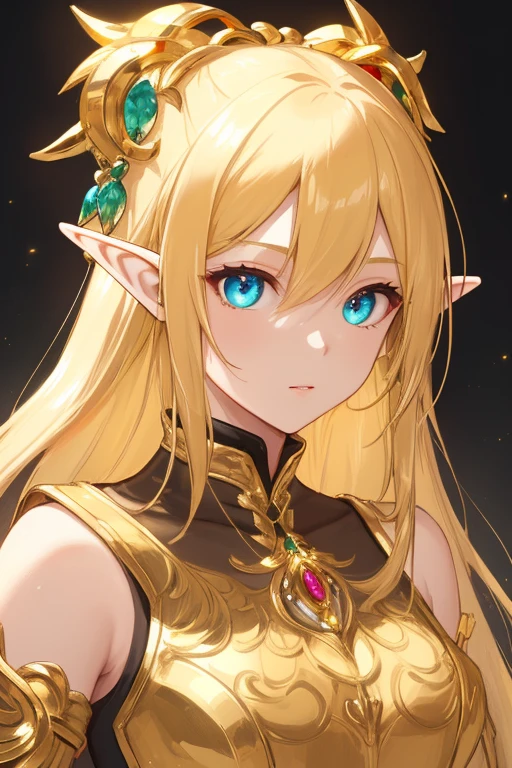 gold elf,golden hair,golden clothes,elf race,detailed eyes,detailed face,royal costume,(best quality,masterpiece:1.2), vivid colors, luminous lighting, shiny golden tone, whole body.