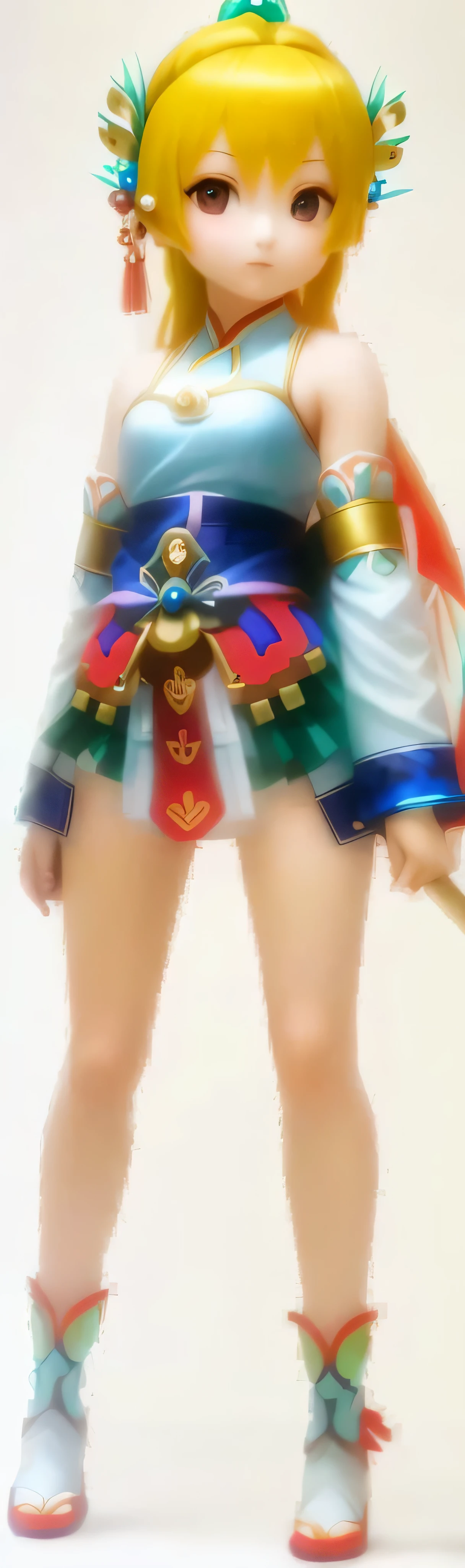 a close up of a girl, ornate korean costume, polearm behind her, clothes themed on a peacock mage, sakura kinomoto, ultra high pixel detail, hand on hips, thighs focus, upper torso included, thighs close up, extremely high level of detail