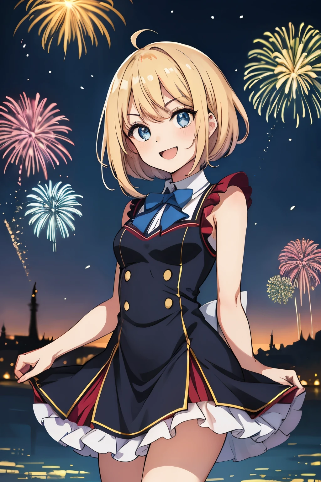 arame, menina estilo anime, parte superior do corpo, 1girl, sozinho, Feliz, Asas Brancas, Vestido Hite, blue bow, cabelos longos, olhos azuis, Olhando para o Viewer, franja separada, acabaram, arms behind back, extremely high quality, high resolution. Orando, night fireworks