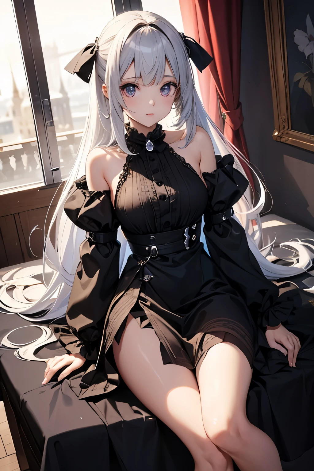 Girl-type doll, black dress, ball joints, expressionless, white-blonde hair, long hair, blue eyes, sitting on a sofa, medieval, Western-style house, white skin
