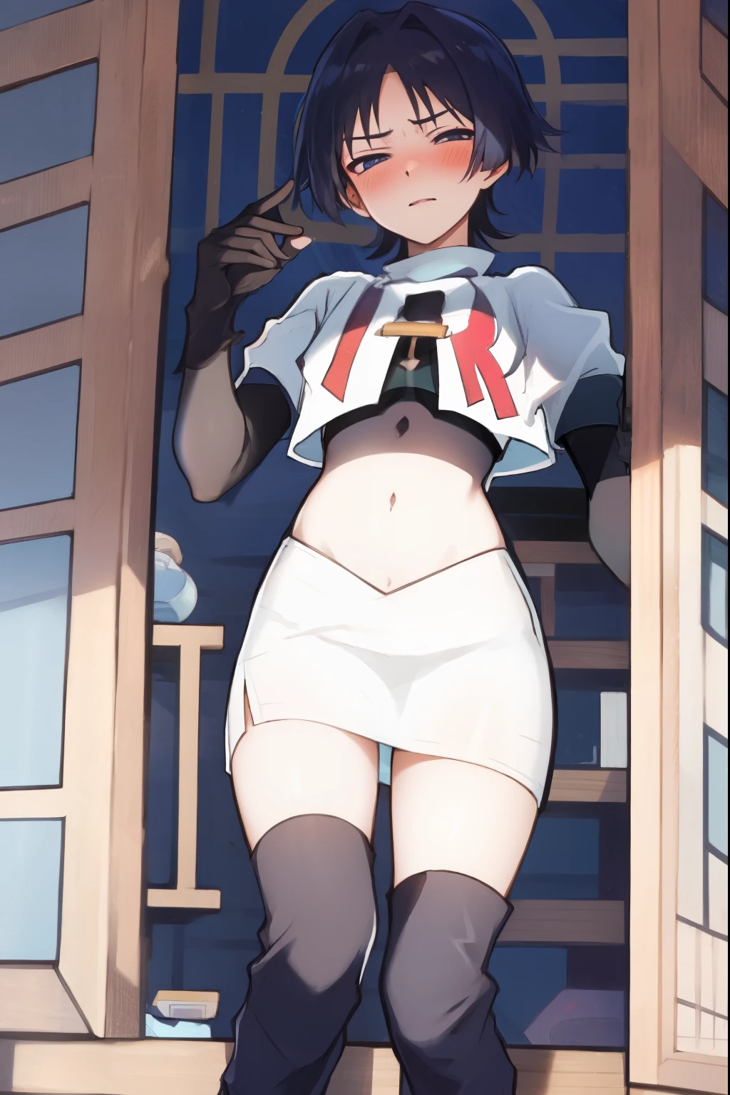 absurdres,masterpiece, trap, best quality, highres, high quality, 1boy, solo, male focus, hair, crossdressing,1boy,team rocket,team rocket uniform,white skirt,red letter R,crop top,black thigh-high boots,black elbow gloves, embarrassed, blush