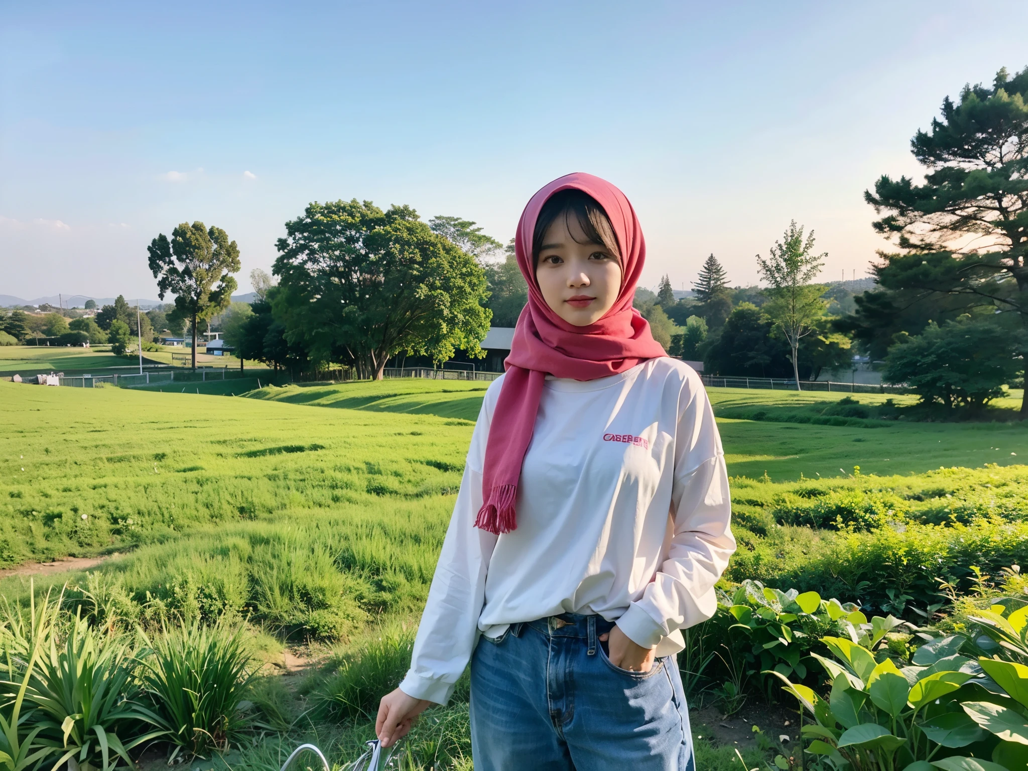 ((best quality)), ((masterpiece)), (detailed), perfect face,Seorang wanita berpakaian putih dengan jilbab pink dan celana panjang berdiri di tepi sawah. Di tangannya, dia memegang lembut seekor kucing putih. Di kejauhan, pohon kelapa menjulang tinggi, menciptakan siluet yang indah di langit senja. Cahaya matahari terbenam memancar di sepanjang sawah, menciptakan warna-warna hangat yang mempesona. Gambar ini dirender dengan detail halus, menangkap keindahan alam dan kelembutan momen senja. Suasana hati yang tenang dan damai terpancar dari gambar ini, memperlihatkan kedamaian dan keindahan alam pedesaan