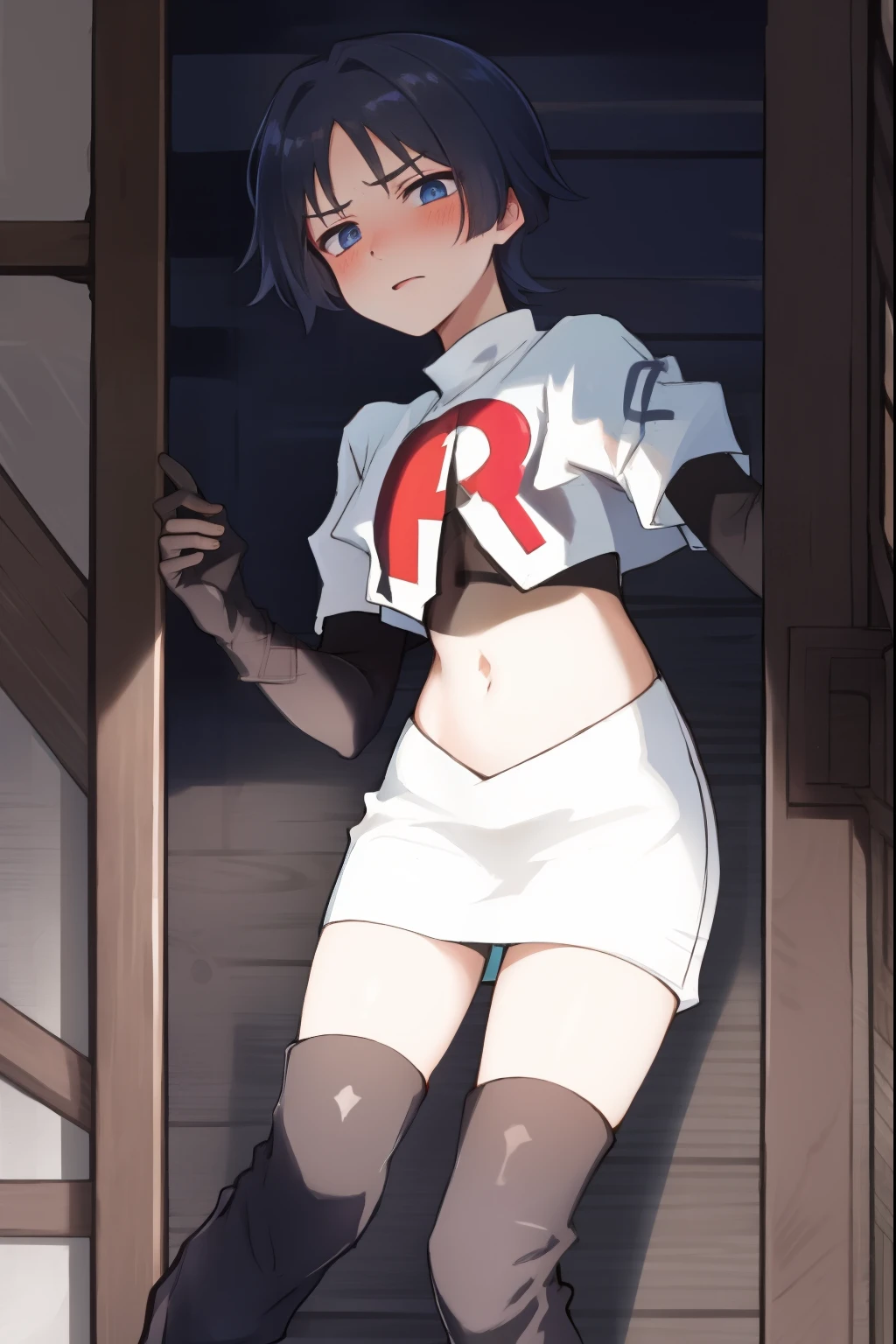 absurdres,masterpiece, trap, best quality, highres, high quality, 1boy, solo, male focus, hair, crossdressing,1boy,team rocket,team rocket uniform,white skirt,red letter R,crop top,black thigh-high boots,black elbow gloves, embarrassed, blush