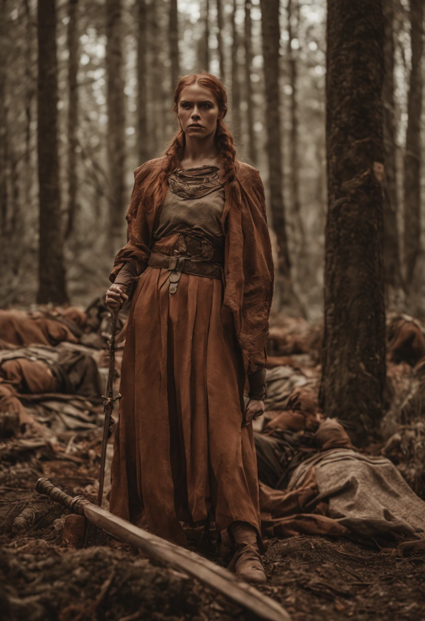 rude viking warrior woman near dead bodies, outside, in the forest, wearing warrior clothes, in the style of subtle, earthy tones, the snapshot aesthetic, rude motifs, i can't believe how beautiful this is, terracotta