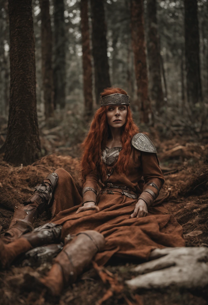rude viking warrior woman near dead bodies, outside, in the forest, wearing warrior clothes, in the style of subtle, earthy tones, the snapshot aesthetic, rude motifs, i can't believe how beautiful this is, terracotta