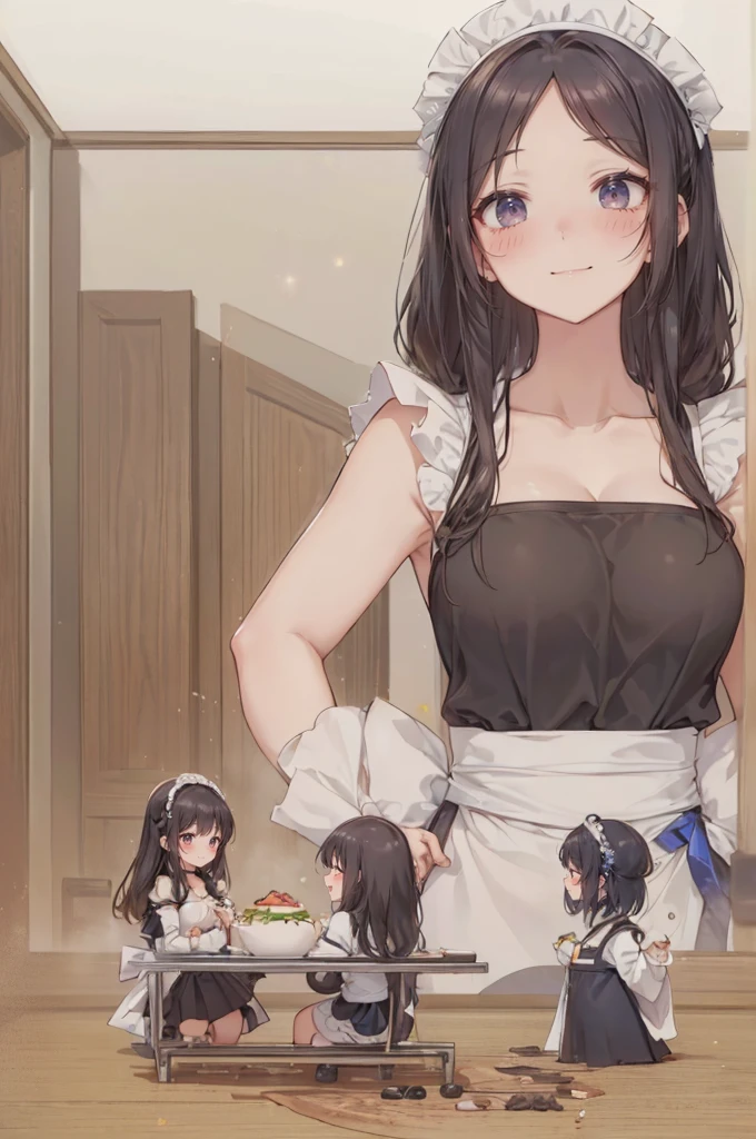 simple background, (3girls:1.8), (height_difference:1.8), (size_difference:1.5), (modern restaurant:1.3), (collarbone), (giantess:1.5), (foreshortening: 1.1), (adult woman: 1.4), elegant hair, (maid uniform), (multiple girls eating food on a tiny table: 1.5), (from sky view: 1.1), (crowds of people: 1.5), (minigirl), (tall girl: 1.1), professionally drawn, (huge breasts), (cleavage sweat), (anime drawing:1.1), (simple bold lines: 1.1), (anime:1.1), (very cute anime girl), (bright), (low contrast), (prettiest teenage girl), (mature face: 1.4), (tall girl with big breasts: 1.2),