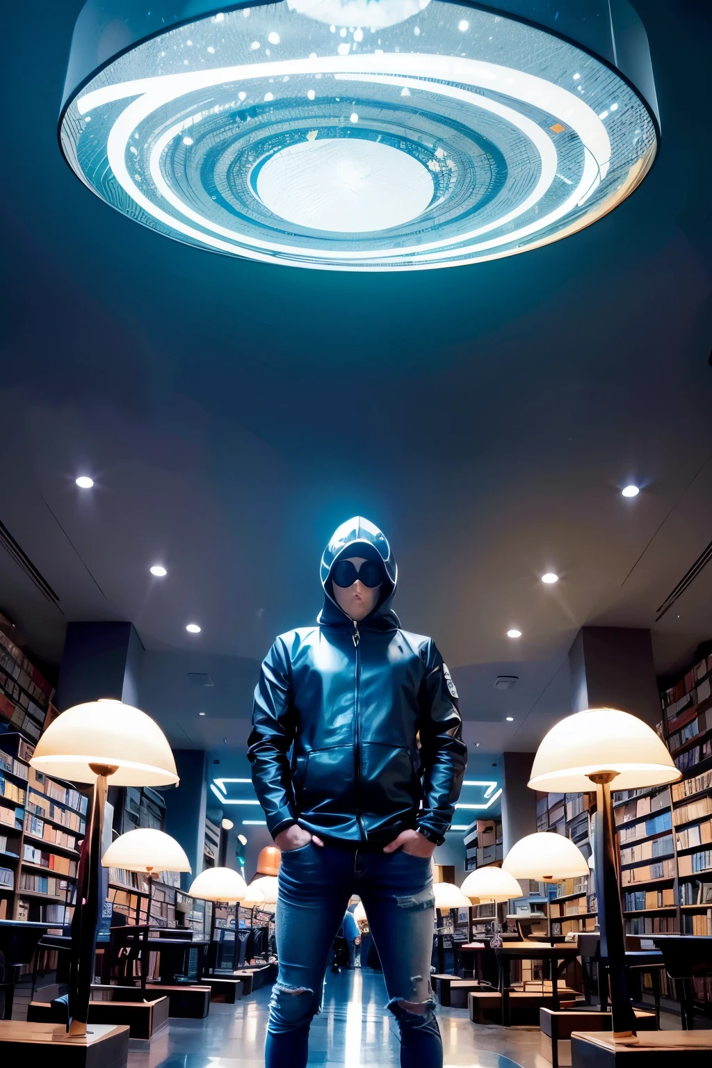 Magic realistic levitation of a (homens com curto, cabelos grisalhos, fluid wearing thick leather jeans and leather)  dark hood and gas mask (sunglasses), preto metalizado (cabelo curto), expression of strength, Standing, musculoso, forte, montando um hotel com floresta para (visitas sala) com runas desenhadas nas paredes em cor vermelho muitas velas coloridas cogumelos e livros de biblioteca cogumelos flutuando lua escura leds noturna escuro, glass aquariums with mushrooms, outer space, alto contraste, black clothing gray logos arabic letters magic floating fractals