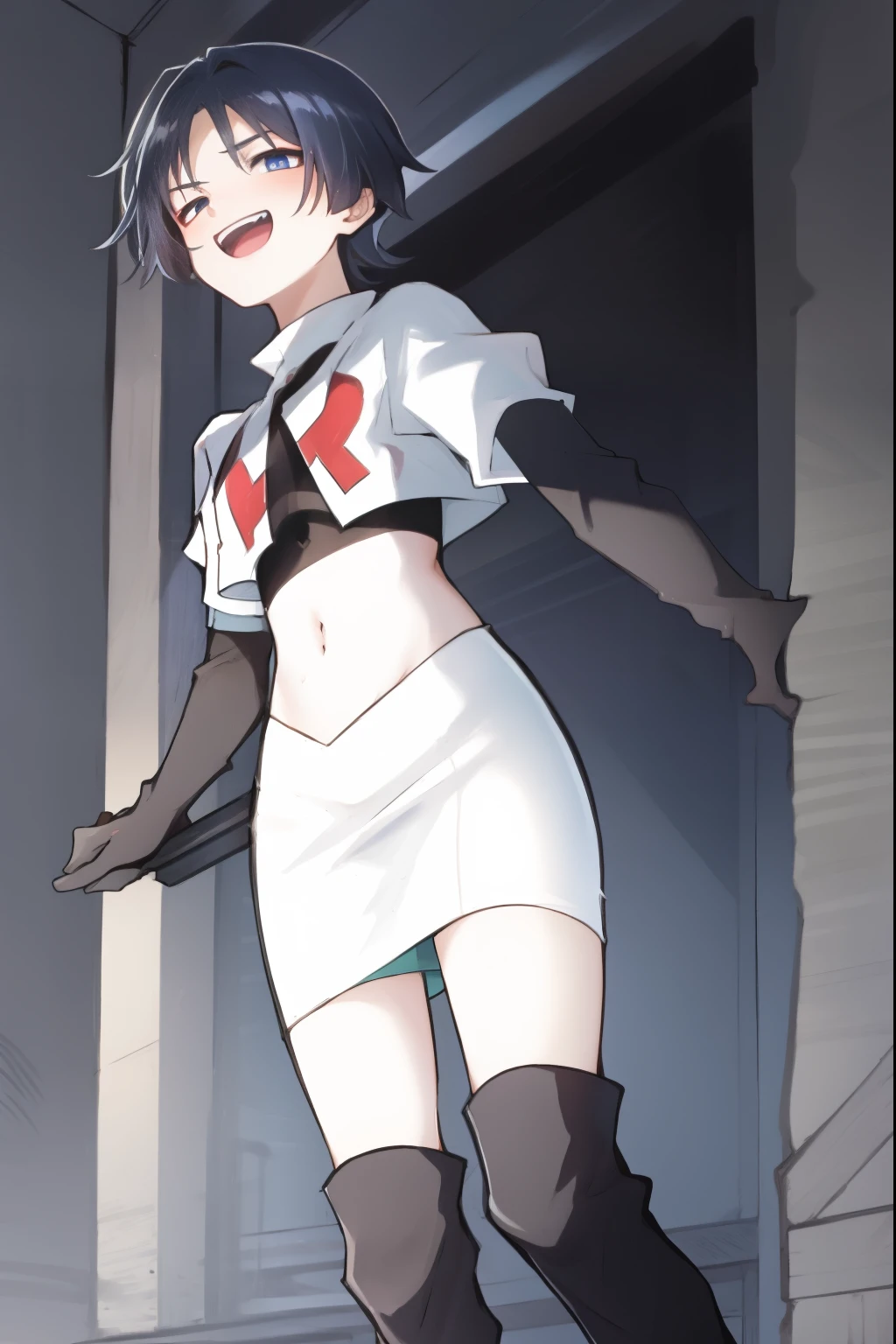 absurdres,masterpiece, trap, best quality, highres, high quality, 1boy, solo, male focus, hair, crossdressing,1boy,team rocket,team rocket uniform,white skirt,red letter R,crop top,black thigh-high boots,black elbow gloves, embarrassed, blush