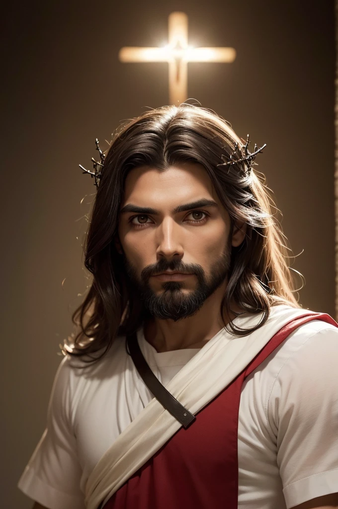 jesus cristo, homem de 33 anos, masculino, barba e cabelo castanho, (homem santo), crown of thorns on the head, espinhos de madeira, (imagem em HD), imagem de frente, cristo jesus, vestindo com um manto, roupa de rei, manto vermelho, cor vermelha, (((melhor qualidade de imagem))), super realista, (((jesus cristo))), filho de deus, todo poderoso, (((luz divina)))