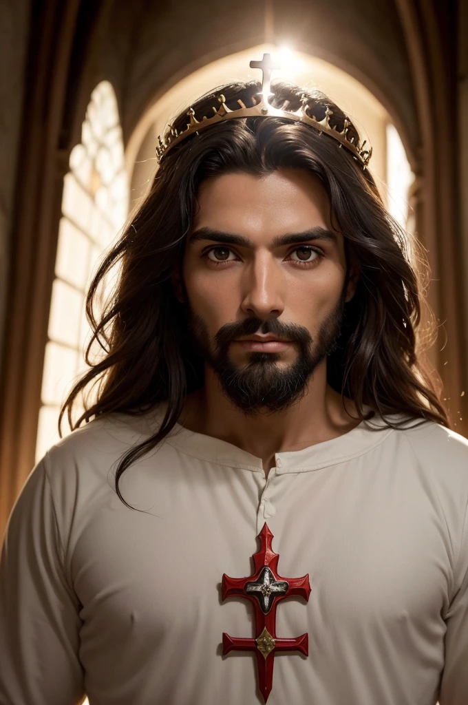 jesus cristo, homem de 33 anos, masculino, barba e cabelo castanho, (homem santo), crown of thorns on the head, espinhos de madeira, (imagem em HD), imagem de frente, cristo jesus, vestindo com um manto, roupa de rei, manto vermelho, cor vermelha, (((melhor qualidade de imagem))), super realista, (((jesus cristo))), filho de deus, todo poderoso, (((luz divina)))