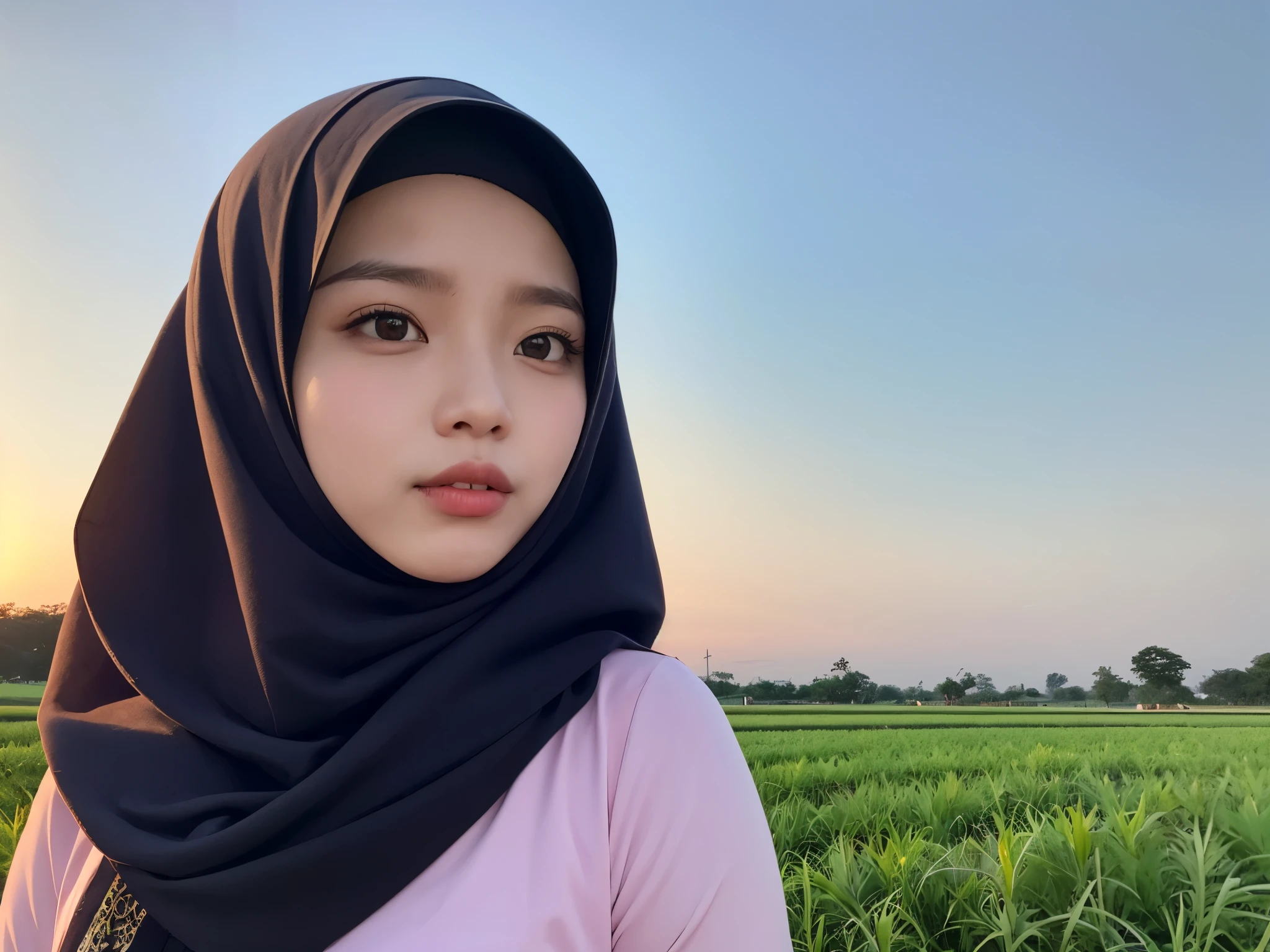 ((best quality)), ((masterpiece)), (detailed), perfect face,Seorang wanita berpakaian putih dengan jilbab pink dan celana panjang berdiri di tepi sawah. Di tangannya, dia memegang lembut seekor kucing putih. Di kejauhan, pohon kelapa menjulang tinggi, menciptakan siluet yang indah di langit senja. Cahaya matahari terbenam memancar di sepanjang sawah, menciptakan warna-warna hangat yang mempesona. Gambar ini dirender dengan detail halus, menangkap keindahan alam dan kelembutan momen senja. Suasana hati yang tenang dan damai terpancar dari gambar ini, memperlihatkan kedamaian dan keindahan alam pedesaan