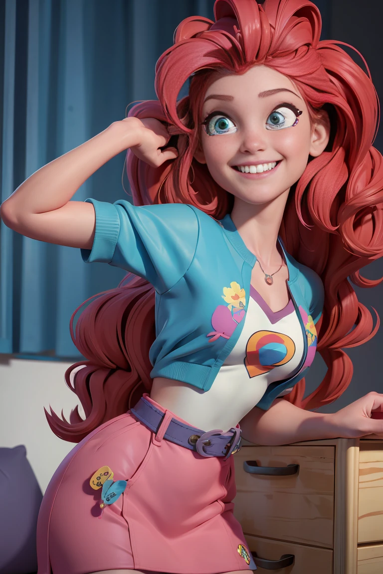 a caucasian woman, con el pelo largo y ondulado de color rojo, ojos azules como zorros, vibrante con una blusa rosa y una chaqueta vaquera, She is grinning, with a cell phone in hand. La mejor calidad, Super detailed,4k