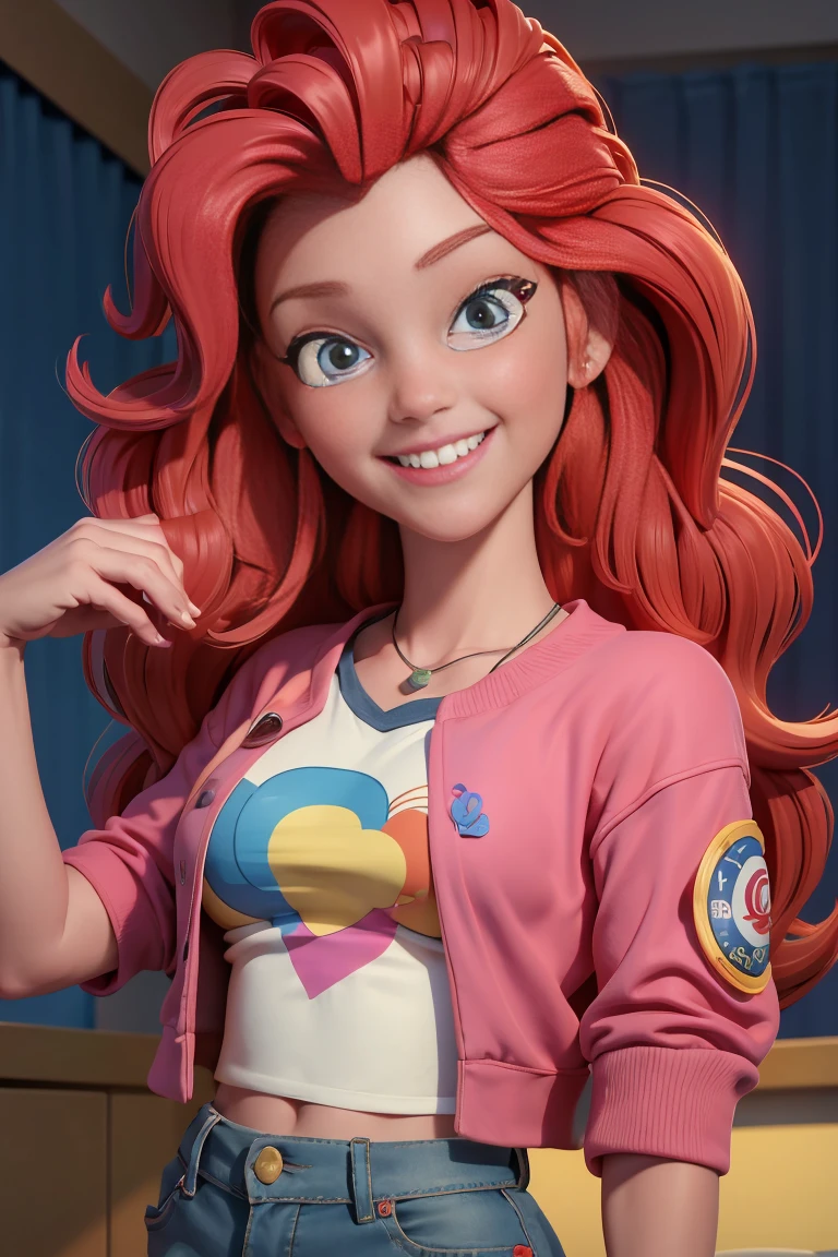 a caucasian woman, con el pelo largo y ondulado de color rojo, ojos azules como zorros, vibrante con una blusa rosa y una chaqueta vaquera, She is grinning, with a cell phone in hand. La mejor calidad, Super detailed,4k