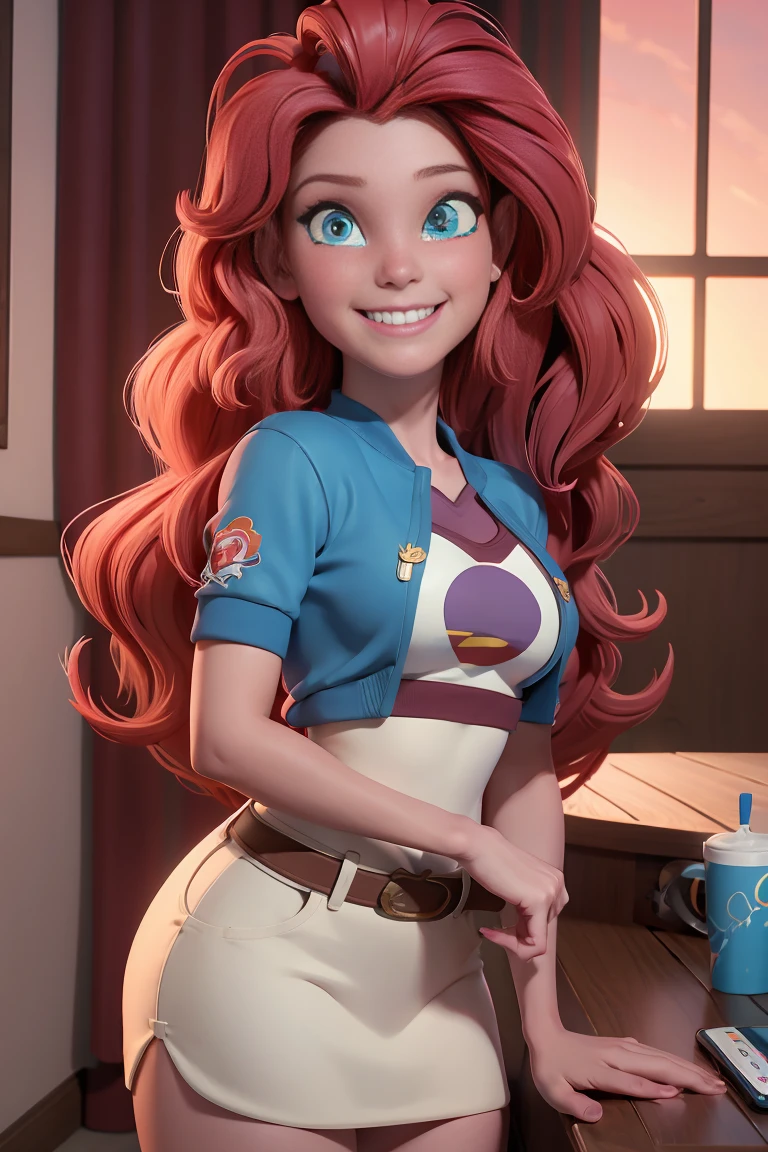 a caucasian woman, con el pelo largo y ondulado de color rojo, ojos azules como zorros, vibrante con una blusa rosa y una chaqueta vaquera, She is grinning, with a cell phone in hand. La mejor calidad, Super detailed,4k