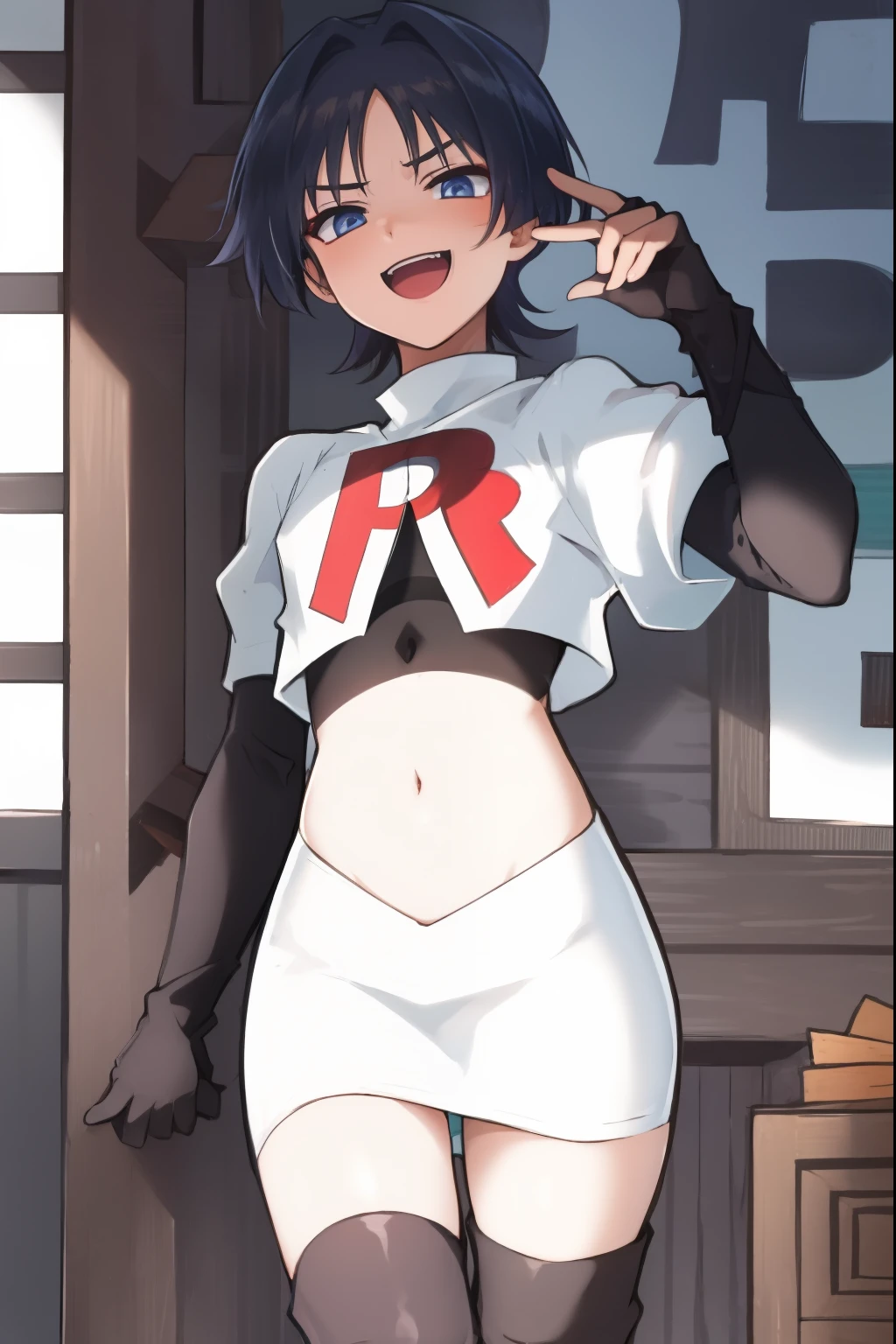 absurdres,masterpiece, trap, best quality, highres, high quality, 1boy, solo, male focus, hair, crossdressing,1boy,team rocket,team rocket uniform,white skirt,red letter R,crop top,black thigh-high boots,black elbow gloves, evil laugh