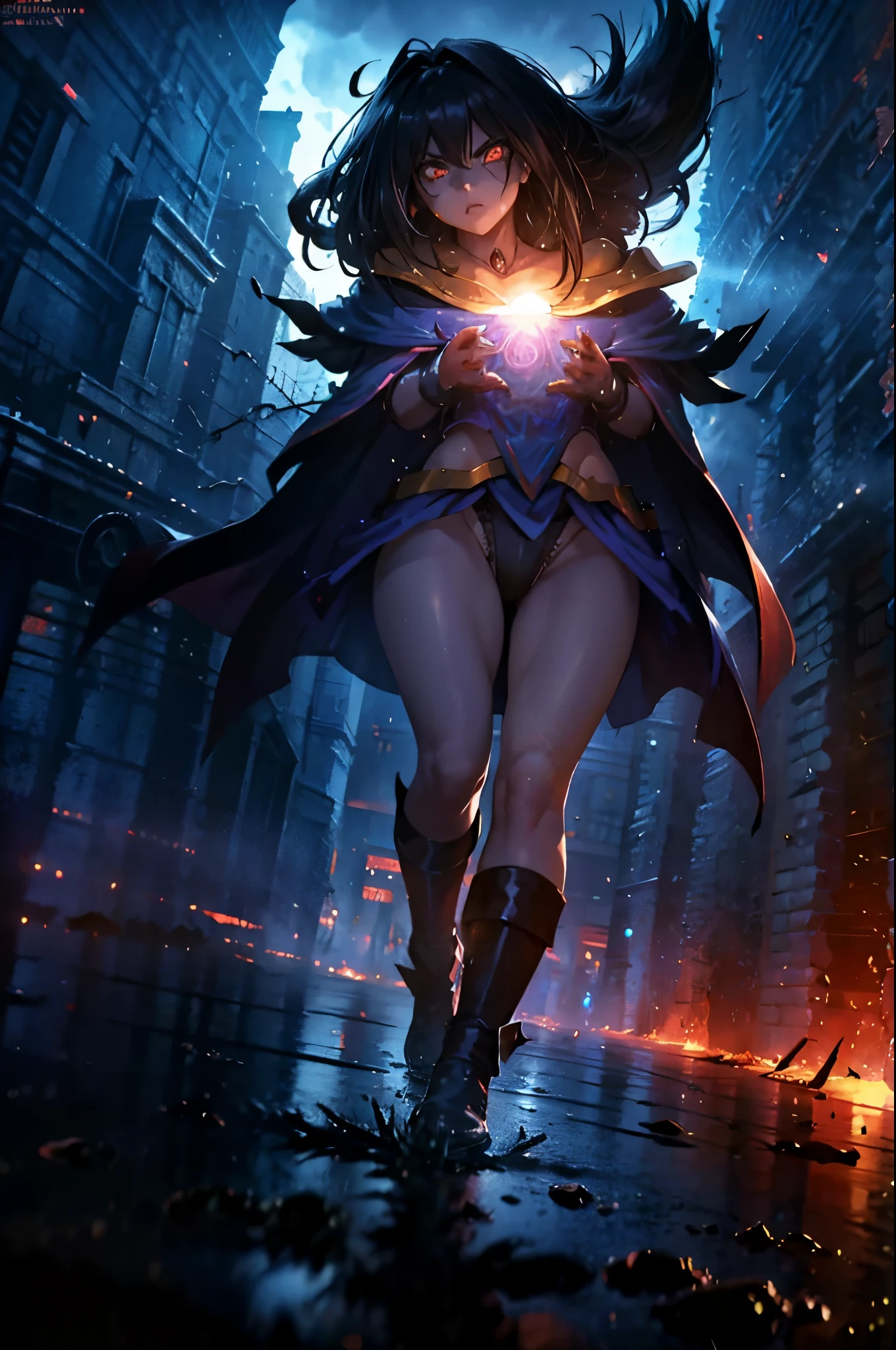 dark magician girl,running on the mud,long hair,viewed from below,underwear,(best quality,4k,8k,highres,masterpiece:1.2),ultra-detailed,(realistic,photorealistic,photo-realistic:1.37),bright colors,dark fantasy,dramatic lighting,ornate robes,mystical aura,Pentagram symbol,magical runes,spellcasting animations,long flowing gown,fierce expression,glowing eyes,sharp contrast,thick mud splatters,dynamic pose, intense shadows,contrasting light effects,elemental magic,curly hair flying in the wind