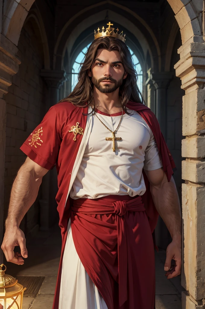 jesus cristo, homem de 33 anos, masculino, barba e cabelo castanho, (homem santo), crown of thorns on the head, espinhos de madeira, (imagem em HD), imagem de frente, cristo jesus, vestindo com um manto, roupa de rei, manto vermelho, cor vermelha, (((melhor qualidade de imagem))), super realista, (((jesus cristo))), filho de deus, todo poderoso, (((luz divina)))