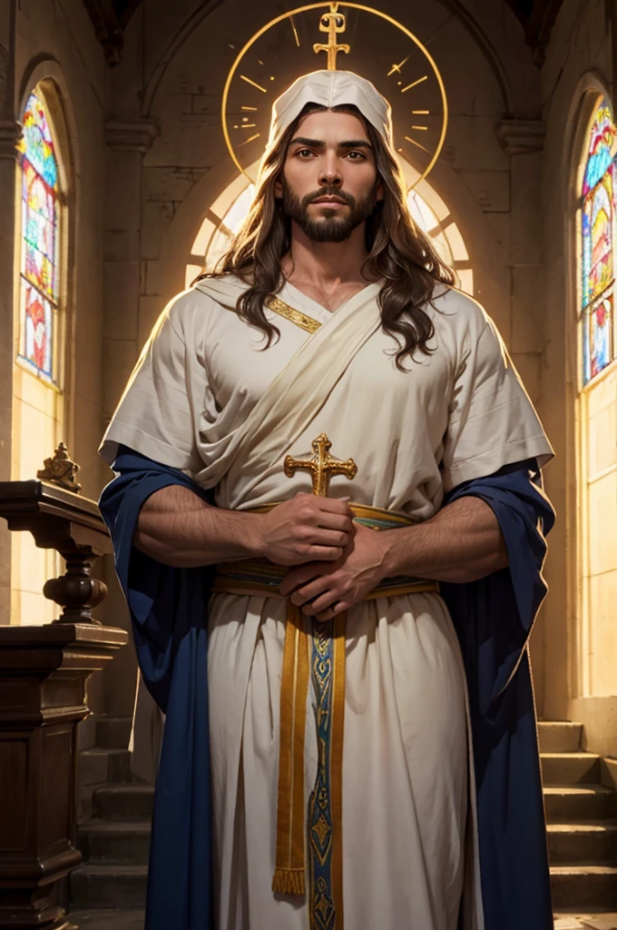 jesus cristo, homem de 33 anos, masculino, barba e cabelo castanho, (homem santo), crown of thorns on the head, espinhos de madeira, (imagem em HD), imagem de frente, cristo jesus, vestindo com um manto, roupa de rei, manto vermelho, cor vermelha, (((melhor qualidade de imagem))), super realista, (((jesus cristo))), filho de deus, todo poderoso, (((luz divina)))