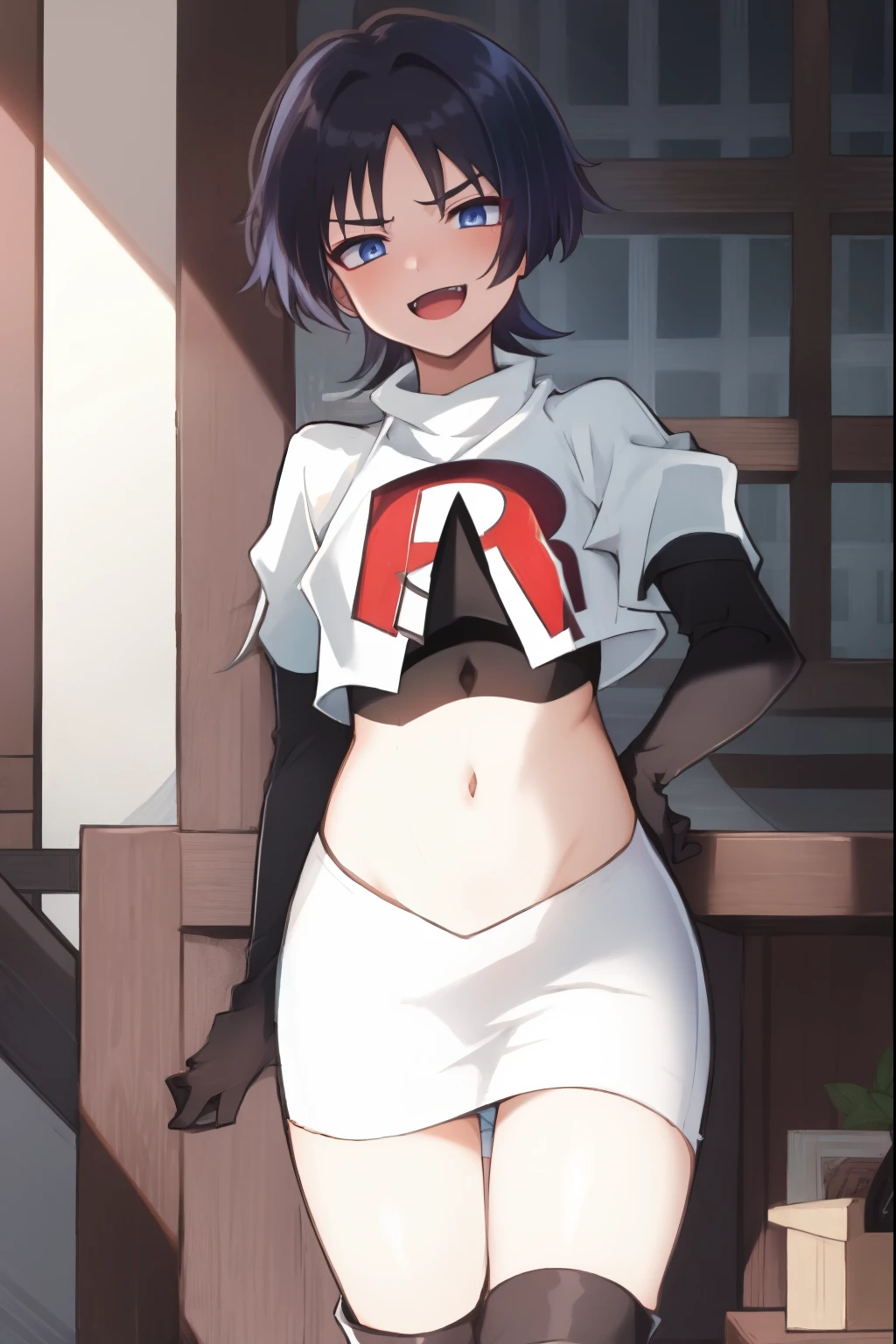 absurdres,masterpiece, trap, best quality, highres, high quality, 1boy, solo, male focus, hair, crossdressing,1boy,team rocket,team rocket uniform,white skirt,red letter R,crop top,black thigh-high boots,black elbow gloves, evil laugh