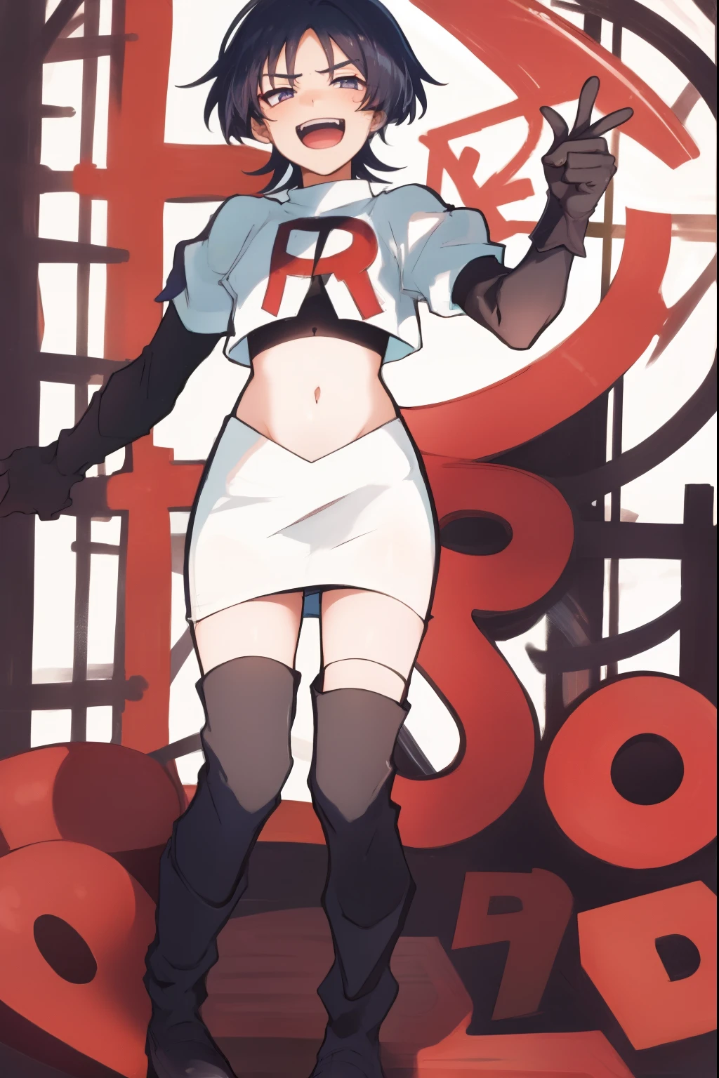 absurdres,masterpiece, trap, best quality, highres, high quality, 1boy, solo, male focus, hair, crossdressing,1boy,team rocket,team rocket uniform,white skirt,red letter R,crop top,black thigh-high boots,black elbow gloves, evil laugh
