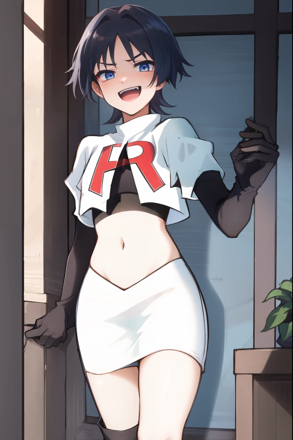 absurdres,masterpiece, trap, best quality, highres, high quality, 1boy, solo, male focus, hair, crossdressing,1boy,team rocket,team rocket uniform,white skirt,red letter R,crop top,black thigh-high boots,black elbow gloves, evil laugh