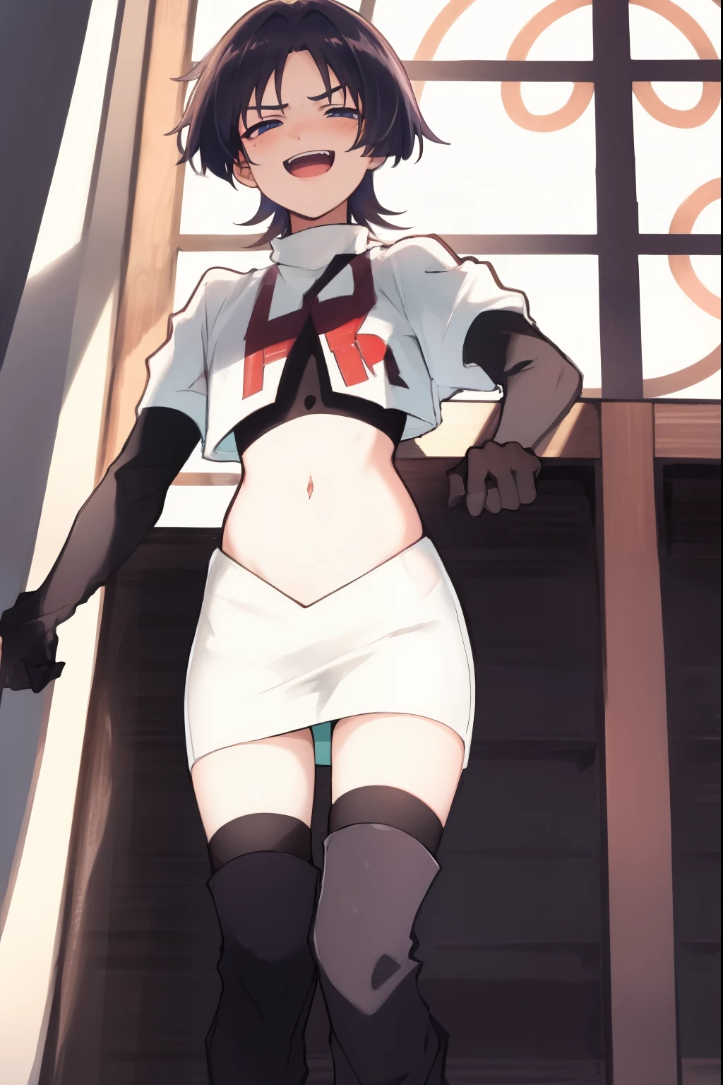 absurdres,masterpiece, trap, best quality, highres, high quality, 1boy, solo, male focus, hair, crossdressing,1boy,team rocket,team rocket uniform,white skirt,red letter R,crop top,black thigh-high boots,black elbow gloves, evil laugh