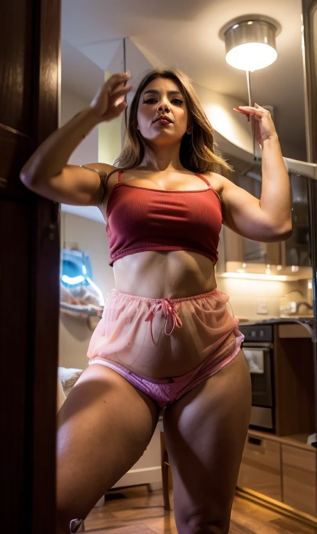 araffe woman in short chiffon panties is dancing in a room, thicc, she is dancing, coxas expostas!!!, corpo grosso, hands behind her body pose!, her navel is exposed, cute face with arms and legs, ela tem uma barriga redonda gorda e agitada, Violeta Myers, olhar sexy, sexy , , coxas grossas