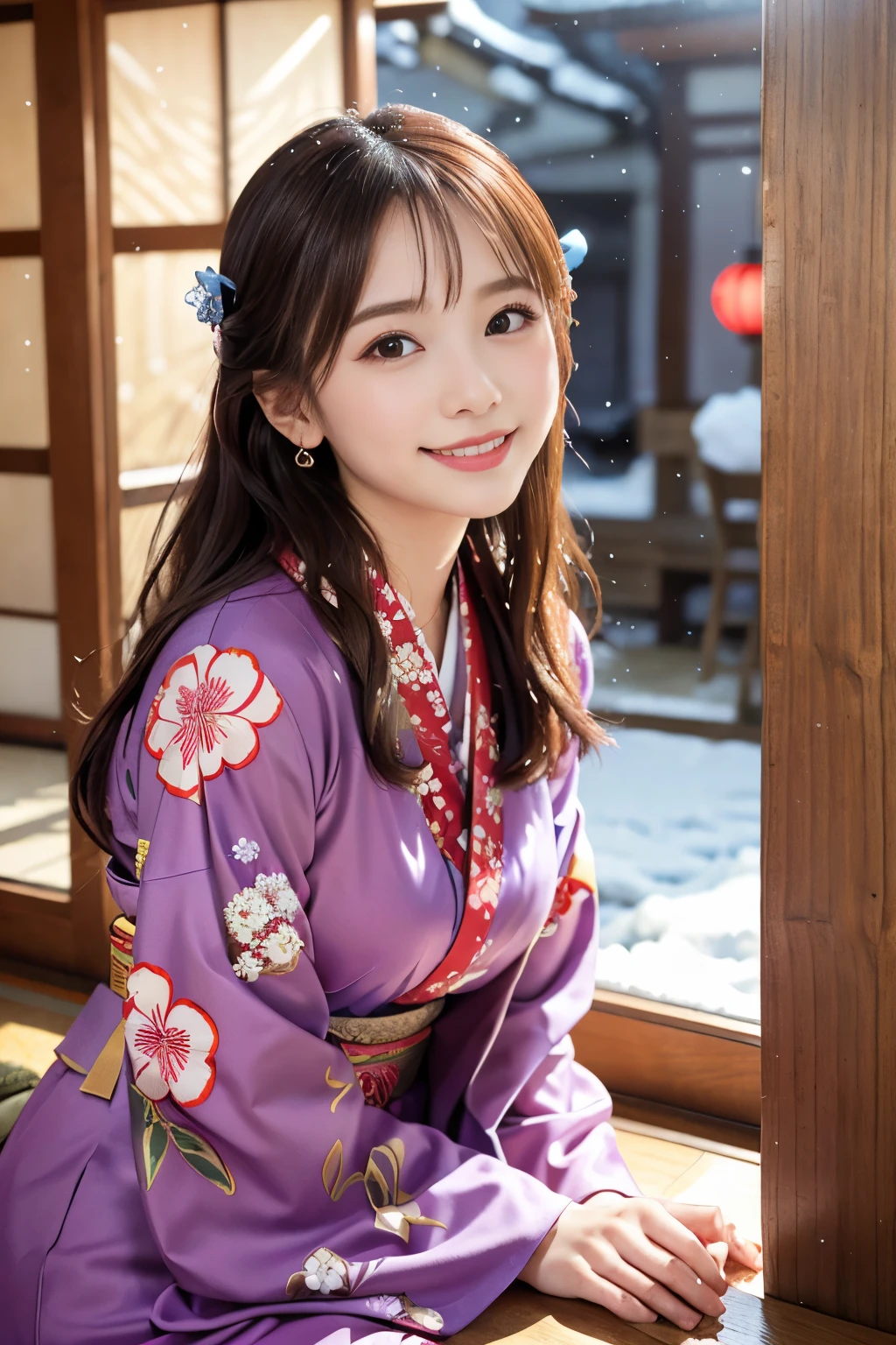 Japanese ido ,((Cute ,Baby face:1.2)),(8K, Raw photo, ultra-detailliert, Best Quality:1.2), (Realistic, Photorealsitic:1.4), (Insanely detailed, 超A high resolution ,Beautiful, masutepiece:1.2), ,very detailed face and eyes,Shiny skin,(Upper body:1.Professional Lighting,Soft light, Sharp Focus, depth of fields,Medium Hair,Earring, (Kimono costume with gorgeous floral pattern :1.3),(Smile:1.3),Bokeh,(Dynamic Angle:1.5),(A traditional Japanese room decorated for New Year. There are Kagami mochi and pine decorations in the alcove, and a view of snow falling outside the window. :1.3)