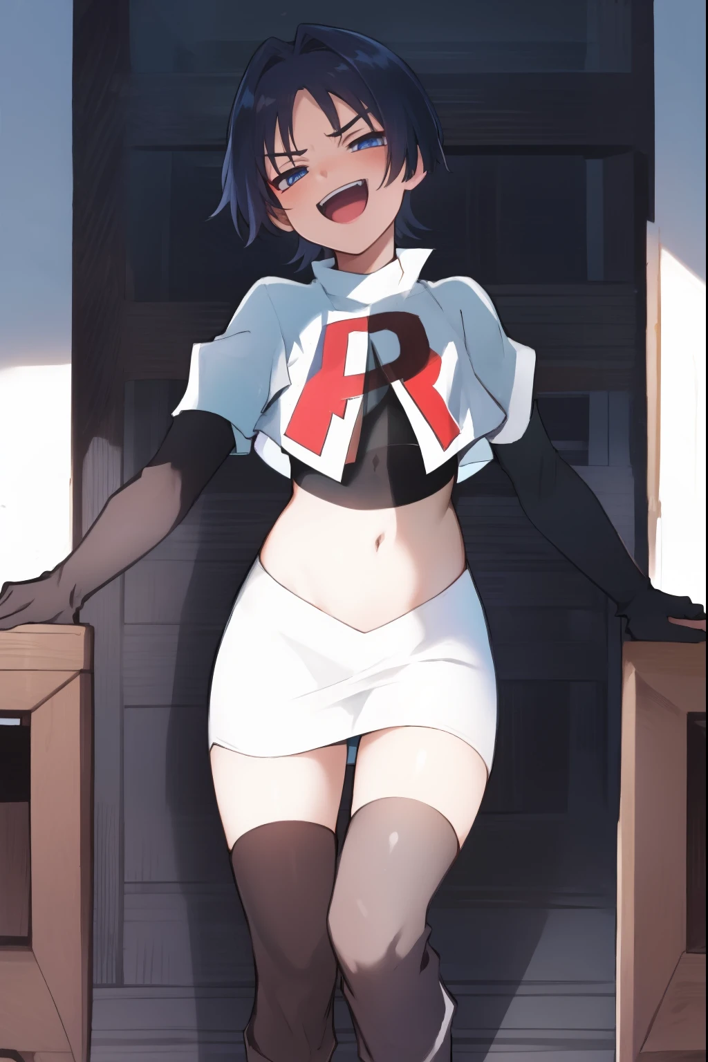 absurdres,masterpiece, trap, best quality, highres, high quality, 1boy, solo, male focus, hair, crossdressing,1boy,team rocket,team rocket uniform,white skirt,red letter R,crop top,black thigh-high boots,black elbow gloves, evil laugh