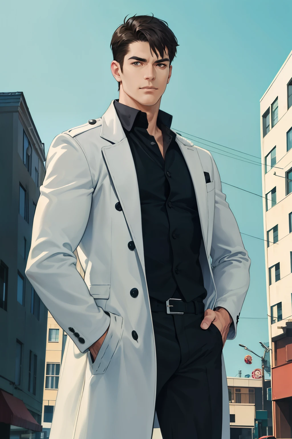 (absurd, Tall, ultra detailed, realistic, ), 1 male, alone, mature, tall muscular guy, broad shoulders, handsome, (very short hair: 1.4), angular jaw, thick neck, thick eyebrows, closed mouth, suit , portrait, Extremely detailed face, photojournalism, documentary photography, visual storytelling, capturing moments, Historical records, Social Commentary, powerful images, soft leather coat, cowboy shot, hands in pocket