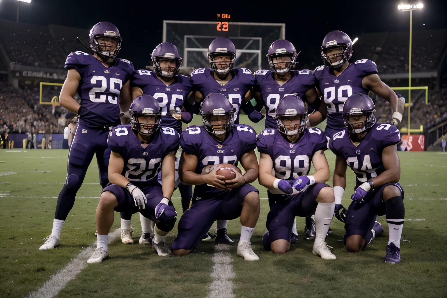A photograph of a football team, look at the camera, wearing all purple, in roblox, winning