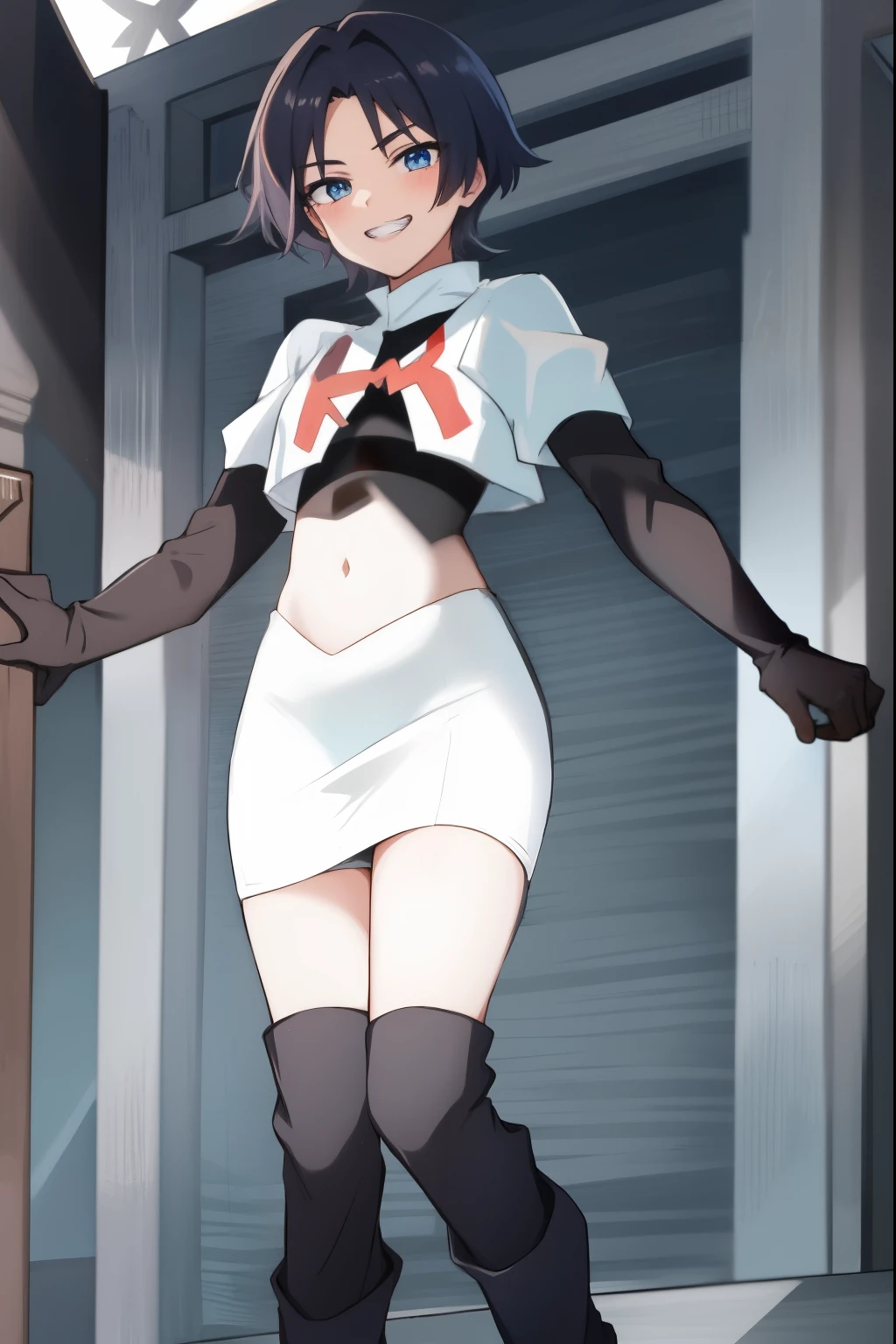 absurdres,masterpiece, trap, best quality, highres, high quality, 1boy, solo, male focus, hair, crossdressing,1boy,team rocket,team rocket uniform,white skirt,red letter R,crop top,black thigh-high boots,black elbow gloves, smile, show teeth