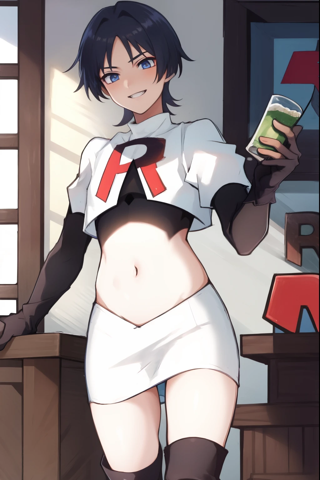 absurdres,masterpiece, trap, best quality, highres, high quality, 1boy, solo, male focus, hair, crossdressing,1boy,team rocket,team rocket uniform,white skirt,red letter R,crop top,black thigh-high boots,black elbow gloves, smile, show teeth
