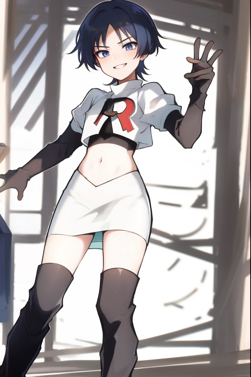 absurdres,masterpiece, trap, best quality, highres, high quality, 1boy, solo, male focus, hair, crossdressing,1boy,team rocket,team rocket uniform,white skirt,red letter R,crop top,black thigh-high boots,black elbow gloves, smile, show teeth