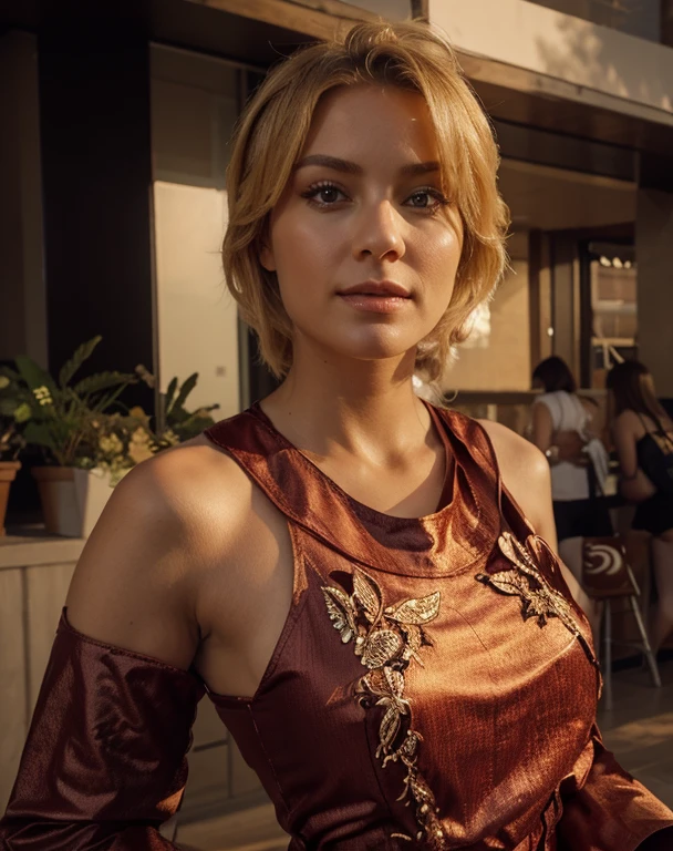 Make it vibrant colorful and blond, remove clothes, very attractive this v-neck dress, make her very sexy, keep same face details, keep hair details, don't change face, make the rest very attractive, high-quality, ultra realistic, ultra quality