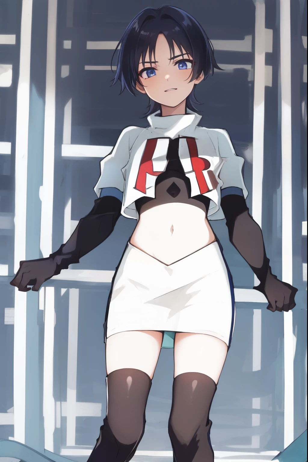 absurdres,masterpiece, trap, best quality, highres, high quality, 1boy, solo, male focus, hair, crossdressing,1boy,team rocket,team rocket uniform,white skirt,red letter R,crop top,black thigh-high boots,black elbow gloves,