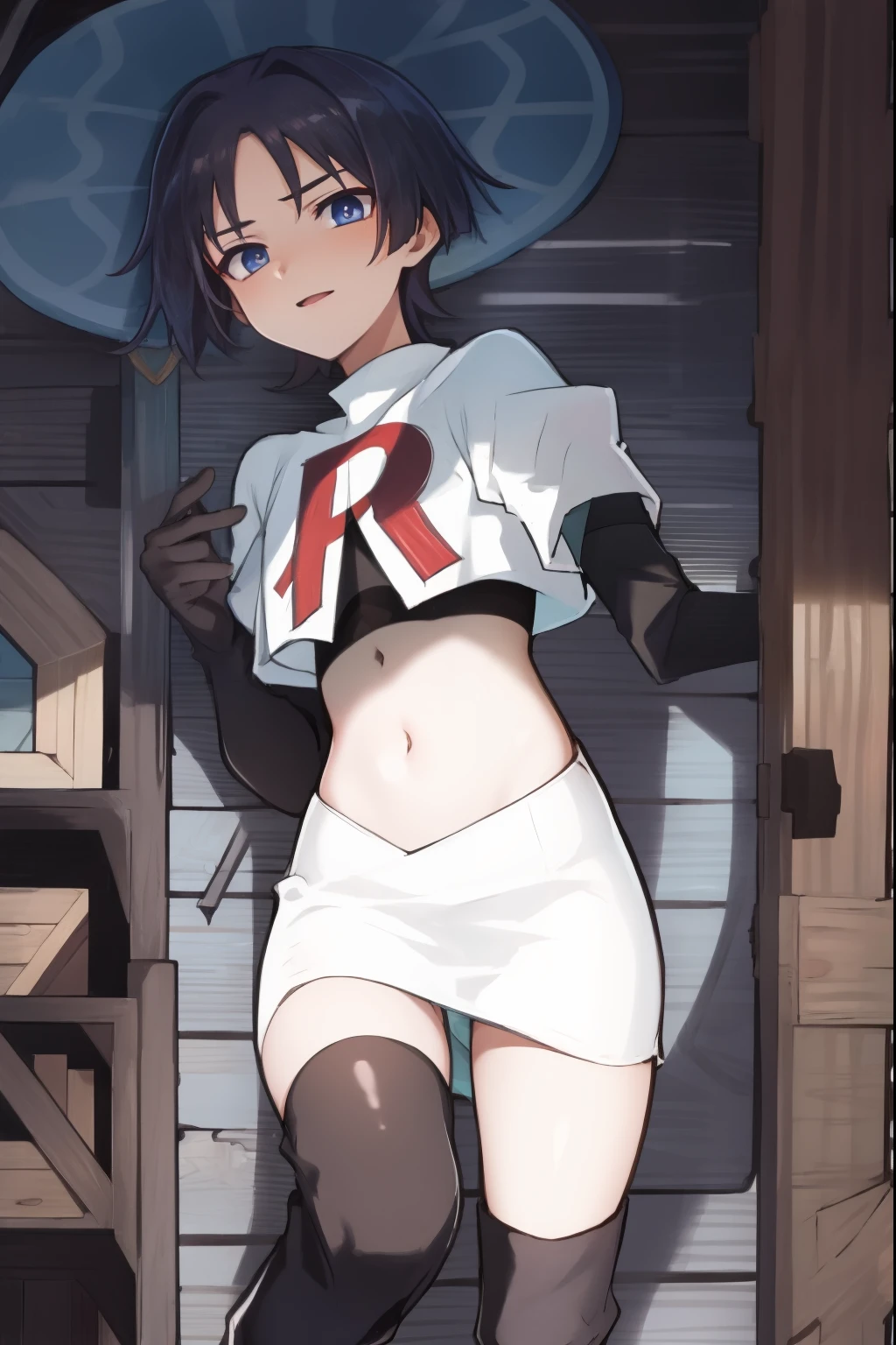 absurdres,masterpiece, trap, best quality, highres, high quality, 1boy, solo, male focus, hair, crossdressing,1boy,team rocket,team rocket uniform,white skirt,red letter R,crop top,black thigh-high boots,black elbow gloves,