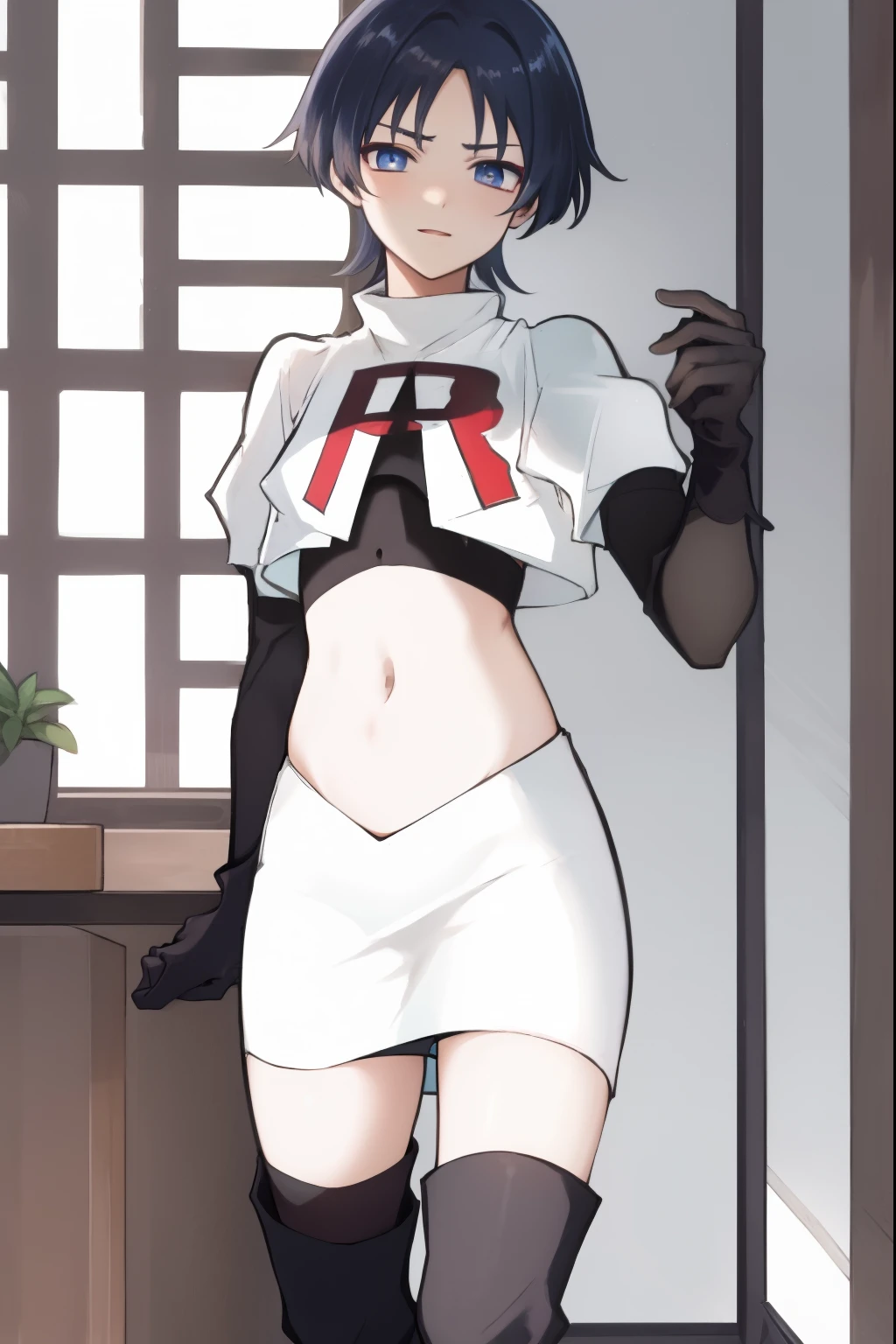 absurdres,masterpiece, trap, best quality, highres, high quality, 1boy, solo, male focus, hair, crossdressing,1boy,team rocket,team rocket uniform,white skirt,red letter R,crop top,black thigh-high boots,black elbow gloves,