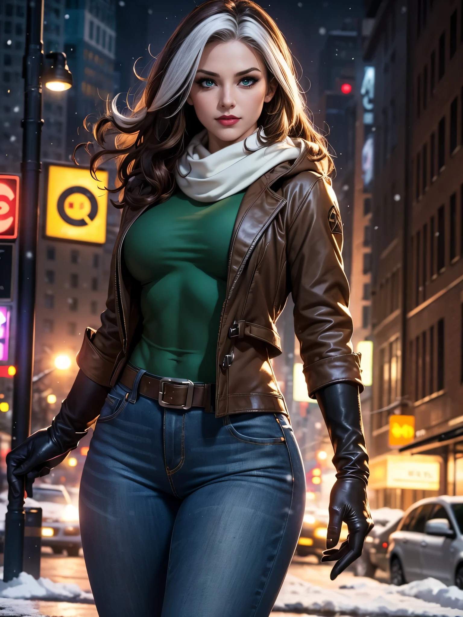 (masterpiece:1.0), (best_quality:1.2), (dark shot:1.3), Classic Rogue, 1991 Rogue X-Men, 1 girl, Only 1, head to toe view, standing on a street corner, elegant pose, (clothing: brown winter coat, brown hood, down lining, white scarf, gloves, jeans) medium length hair, brown hair, wavy hair, one lock of white hair, green eyes, mischievous look, smirk, parted lips, fit figure, medium breasts, red lipstick, heavy makeup, confident look, backlit, (realism: 1.5), (Realistic: 1.4), (Absurdity:1.4), 8k, ultra-detailed, Detailed Beautiful Woman, very physically fit girl, (background: midnight, snowing, on the streets of New York, snowy night), official art, extremely detailed CG unity 8k wallpaper, perfect lighting, Colorful, ultra high res, photography, 8K, HDR, Kodak portra 400, film grain, blurry background, (bokeh:1.2), (vibrant_color:1.2), film grain:1.2, (warm hue, warm tone:1.2), (color photo), professional photograph